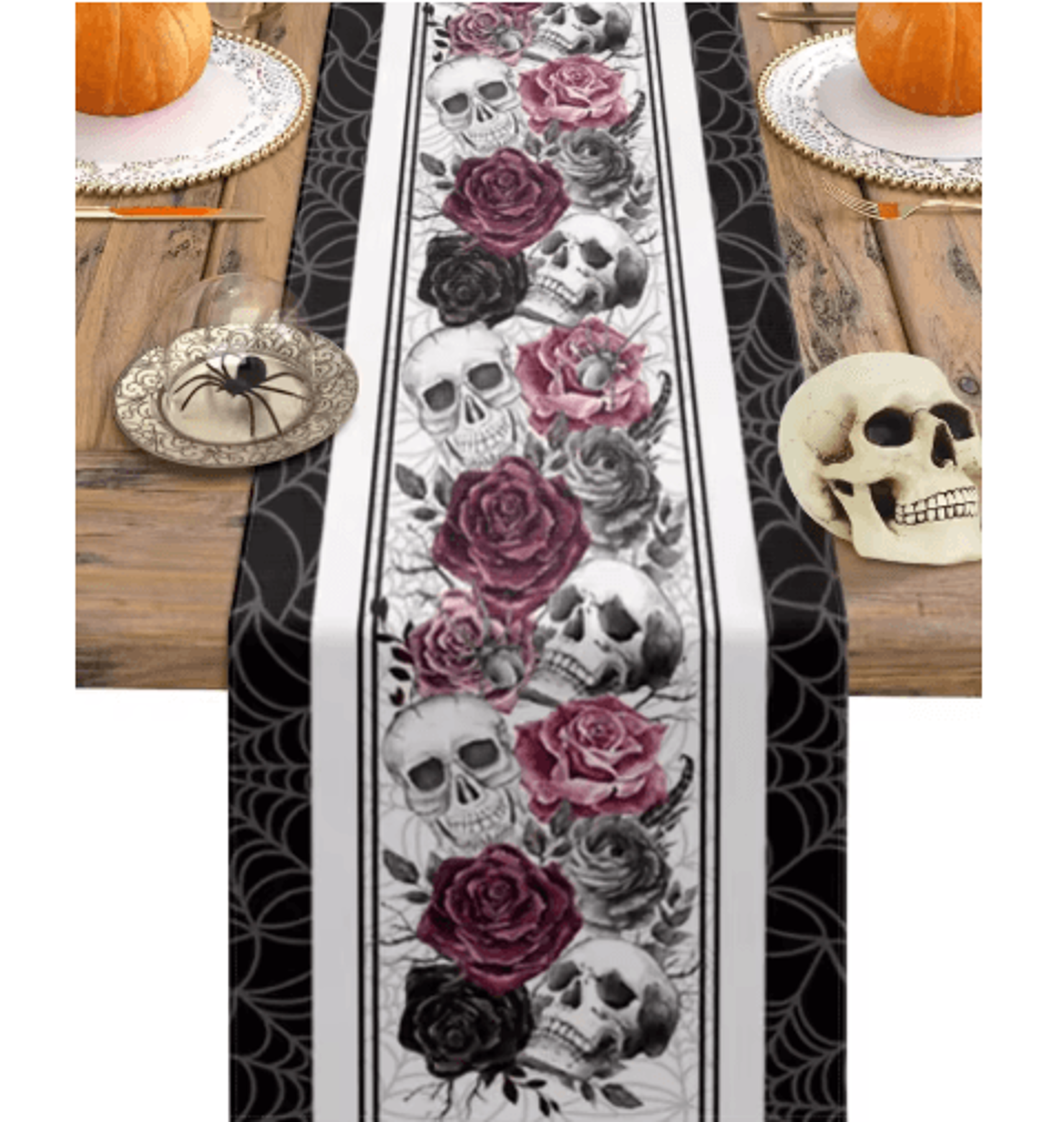 halloween skull rose linen table runner – gothic crow & floral party table decor