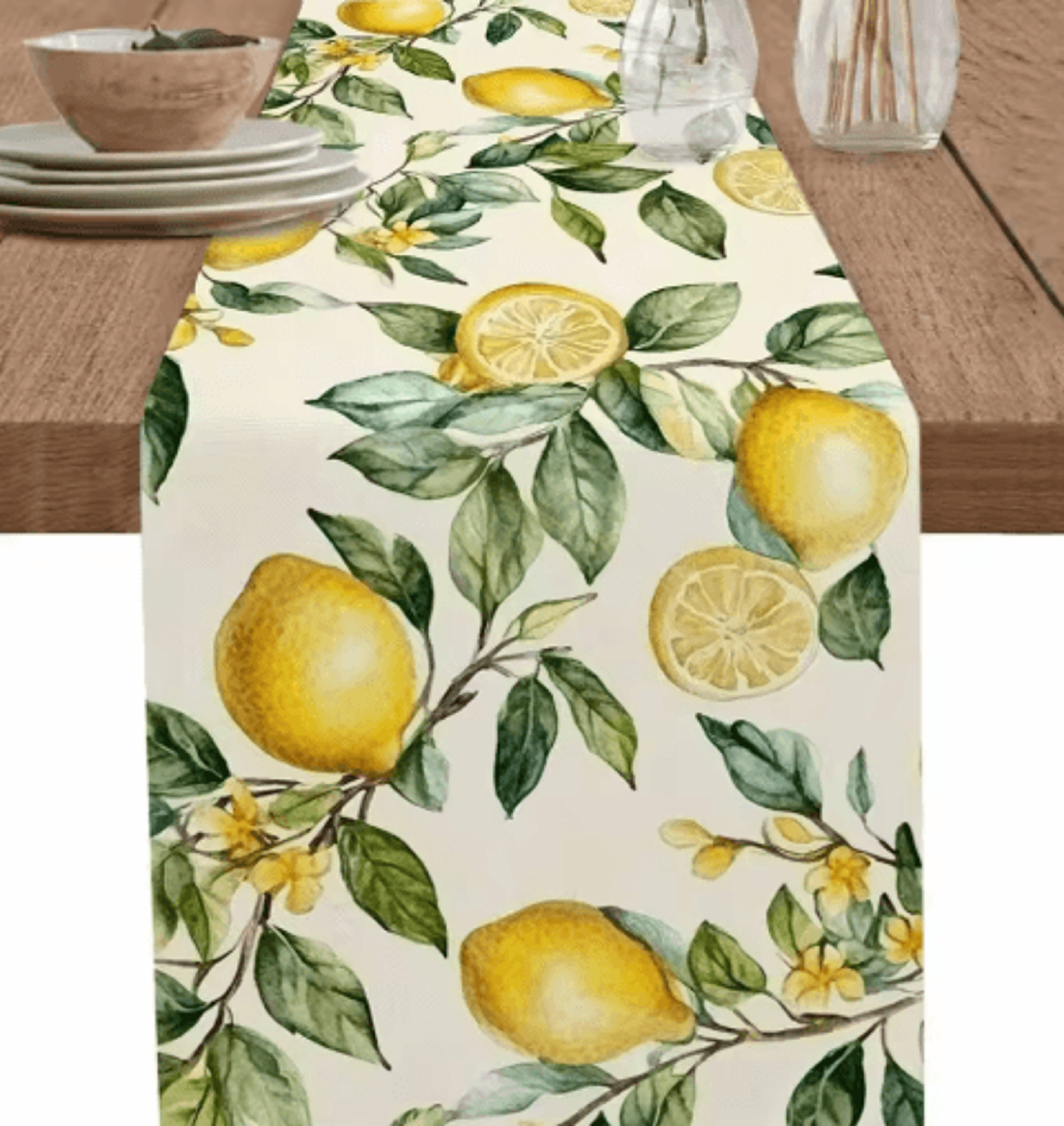 watercolor lemon linen table runner – fresh summer floral kitchen & dining decor