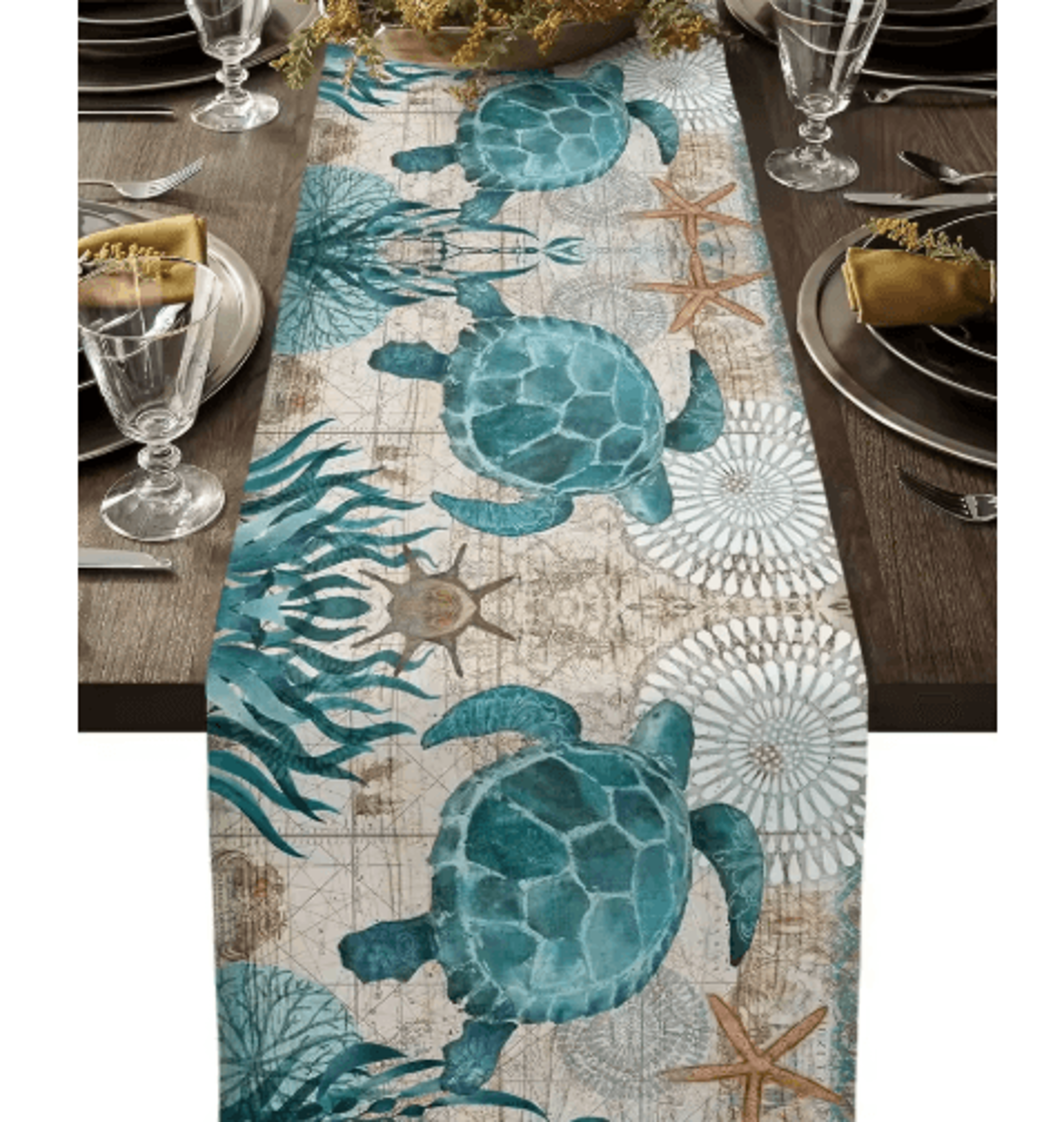 nautical sea turtle & starfish linen table runner – coastal beach house table decor