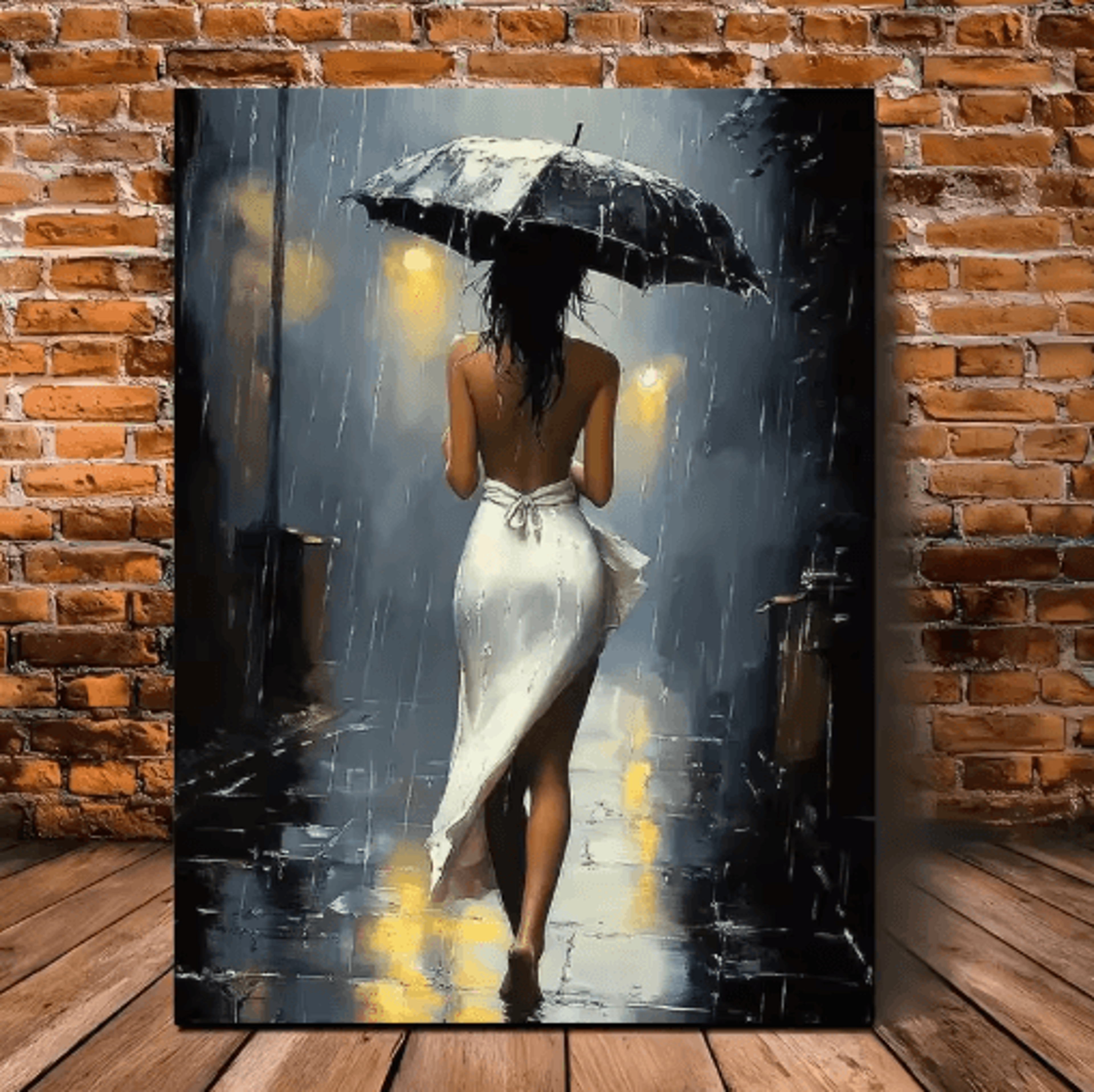 elegant romantic rainy night canvas wall art framed umbrella street scene decor