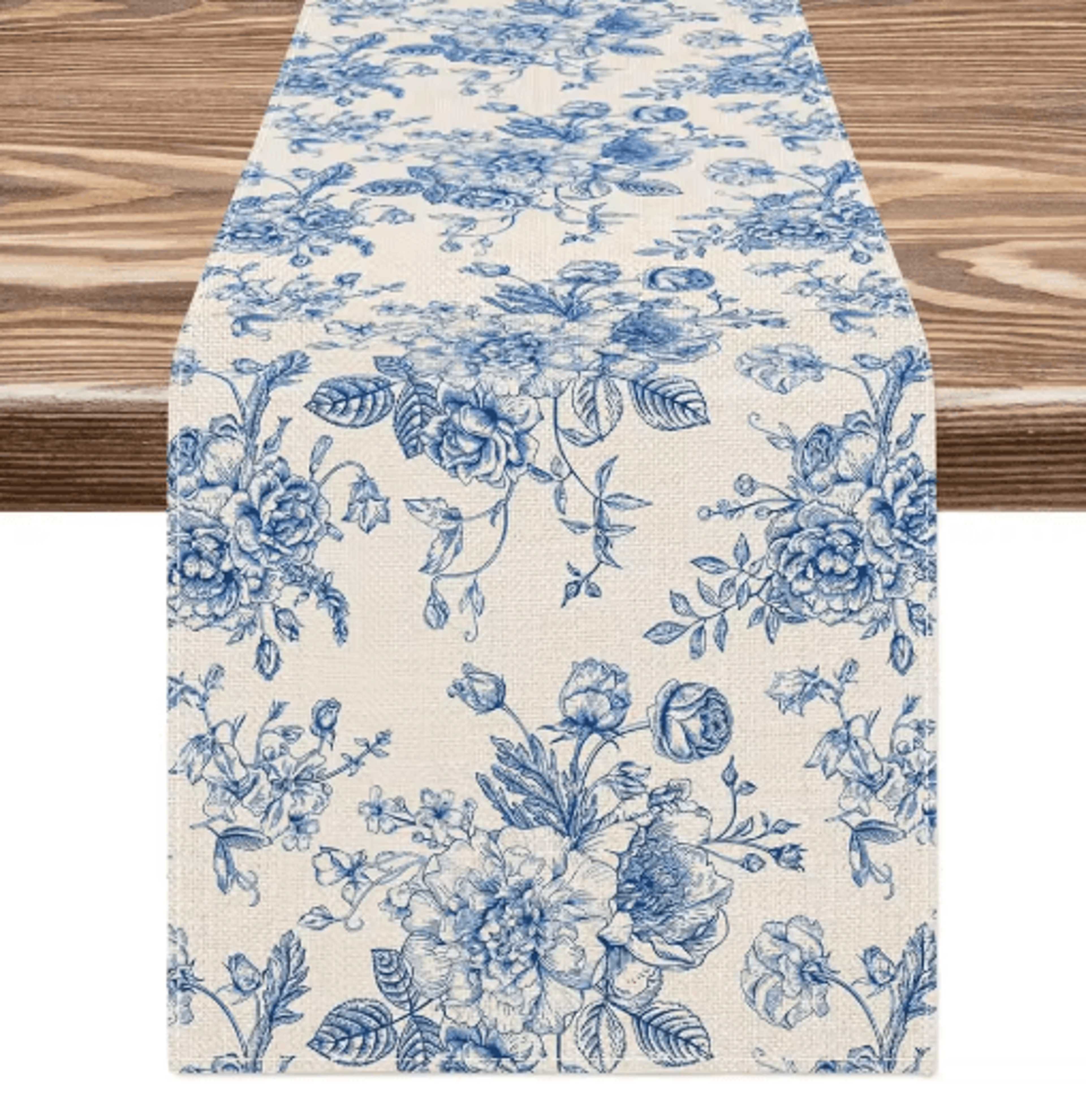 chinoiserie blue floral linen table runner elegant dining & holiday table decor