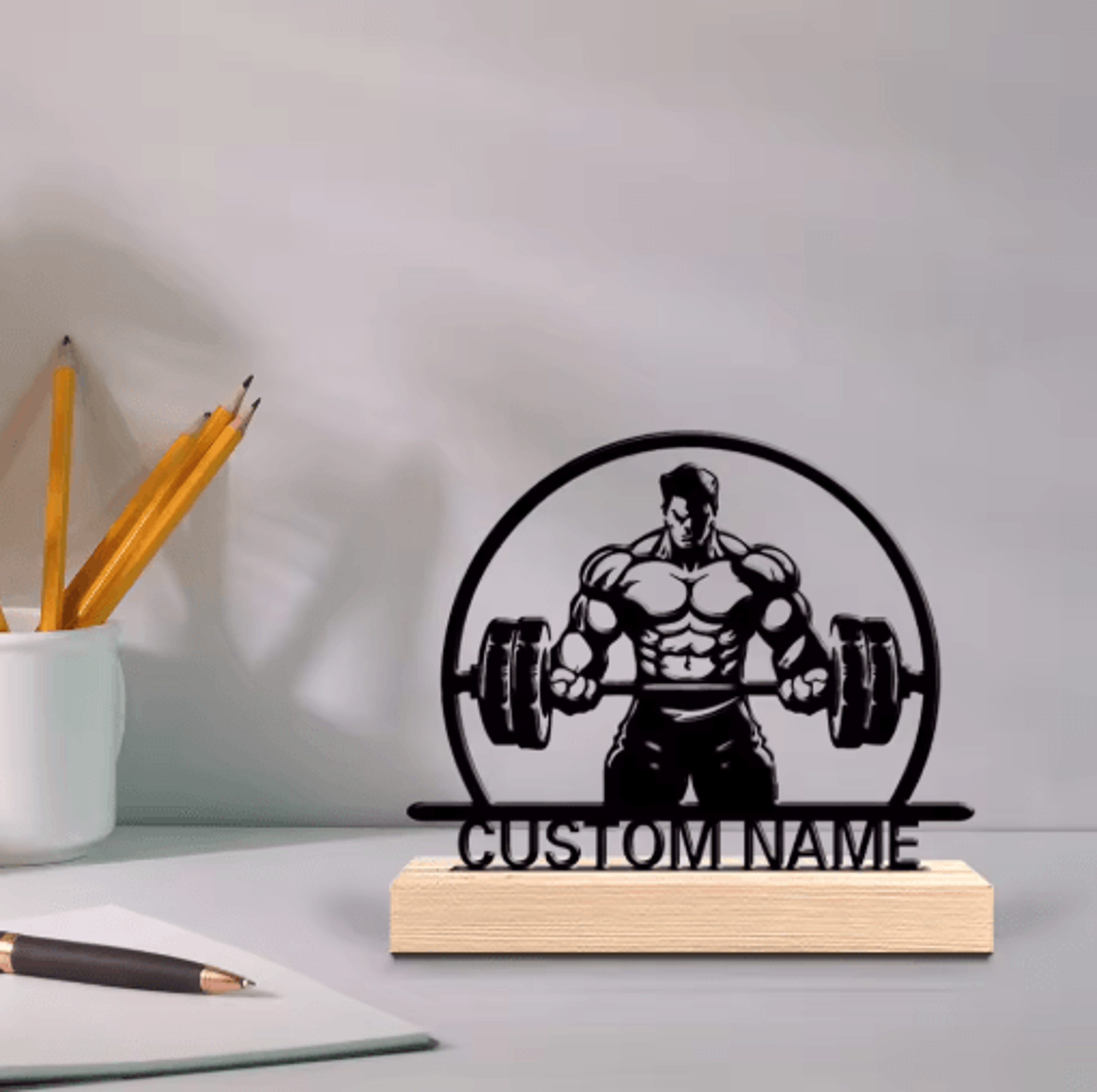 personalized custom weightlifting metal art fitness tabletop decor with wooden base