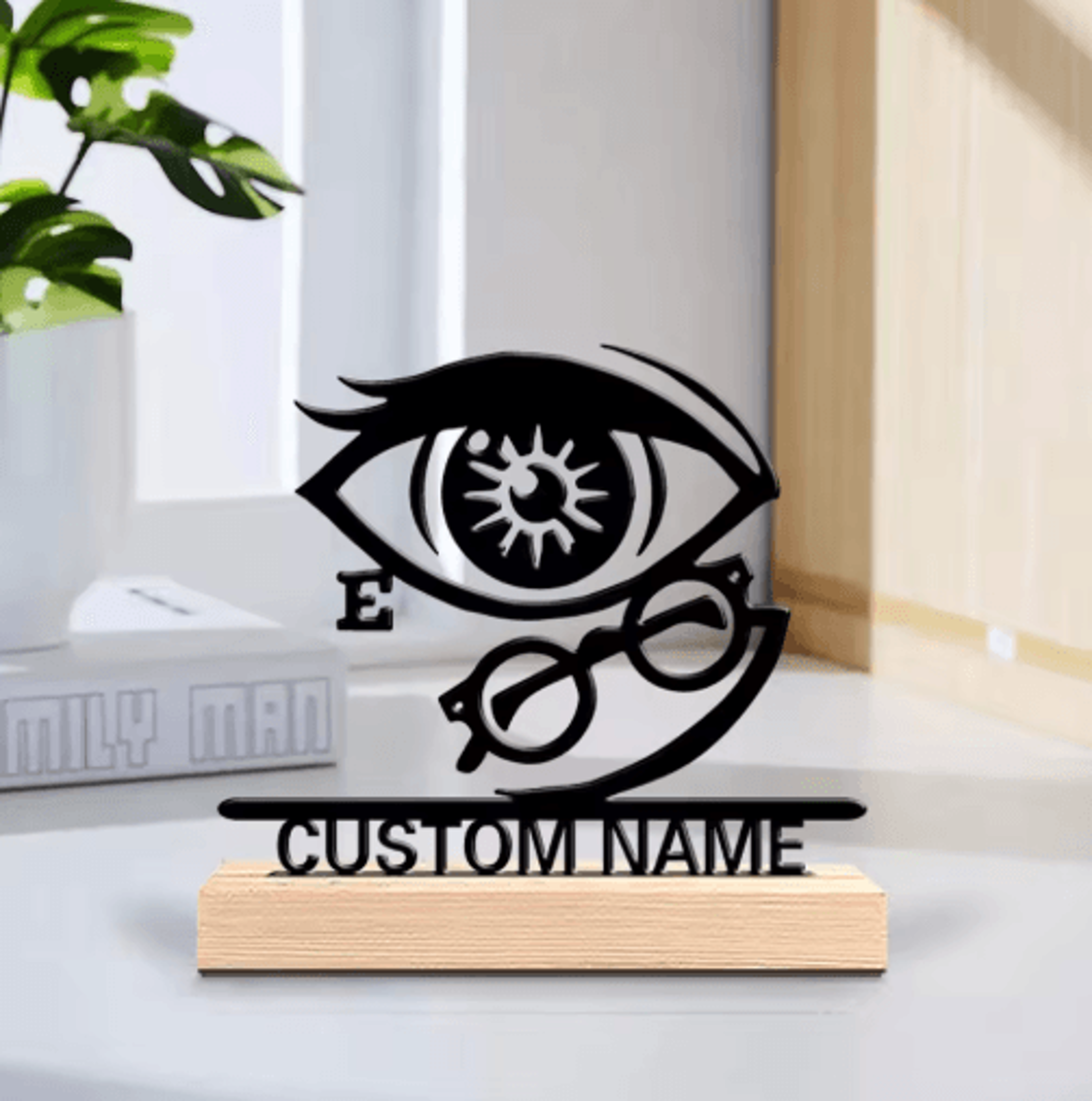 personalized ophthalmologist metal statue – doctor desk decor with wooden base gift
