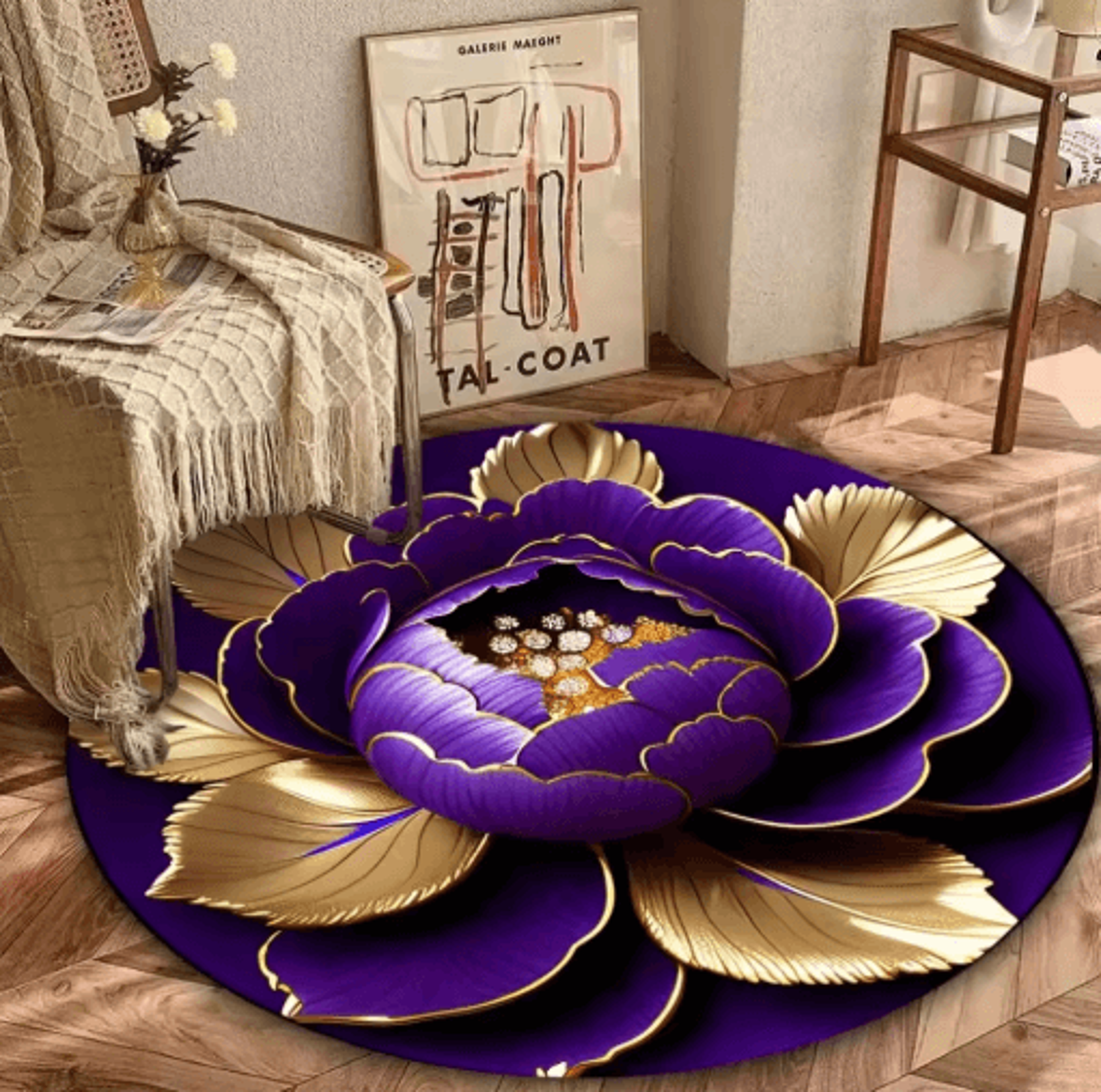 purple gold peony round rug – washable floral area carpet for living room & bedroom decor