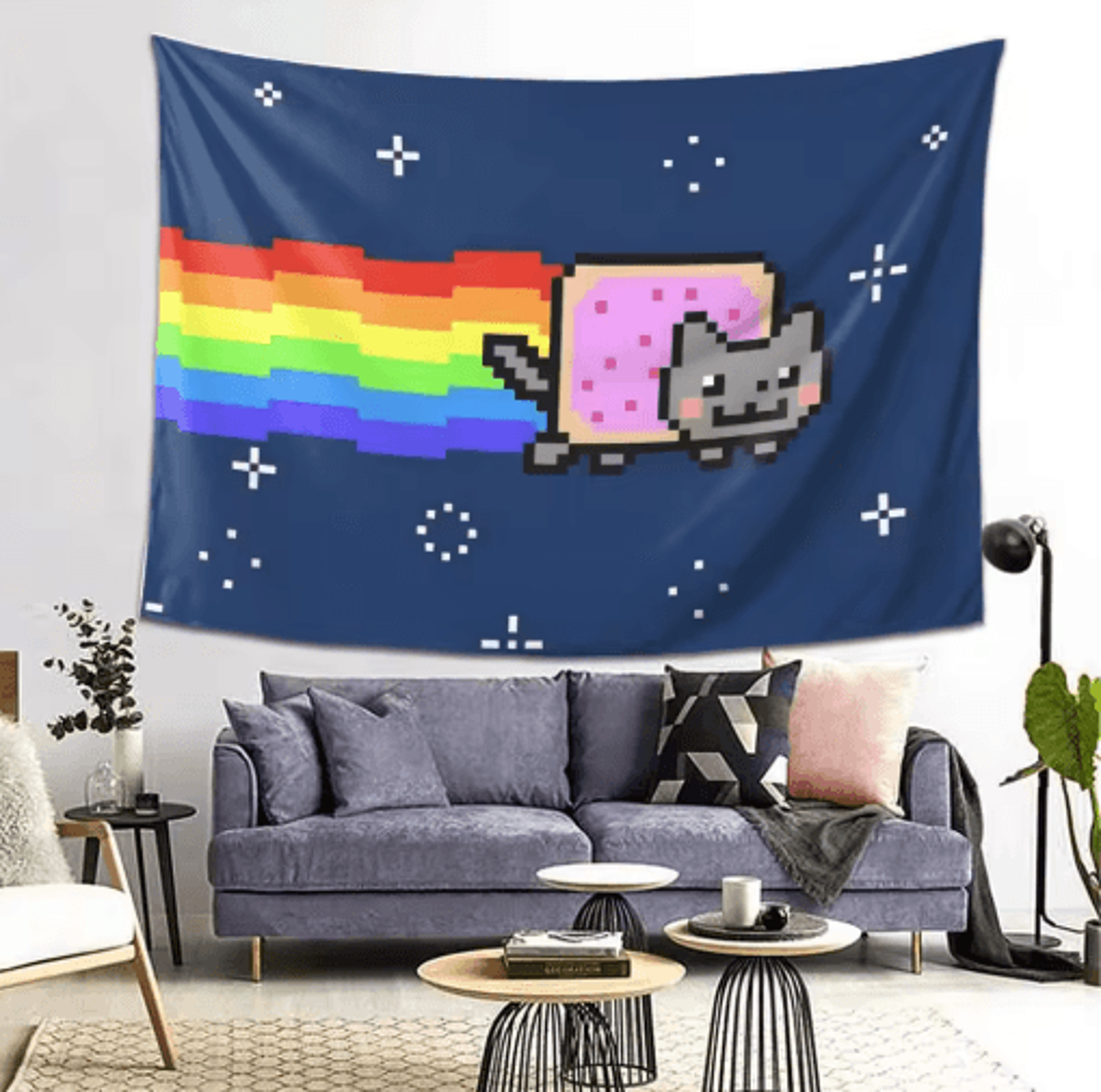 nyan cat pixel art tapestry – retro gaming wall hanging decor