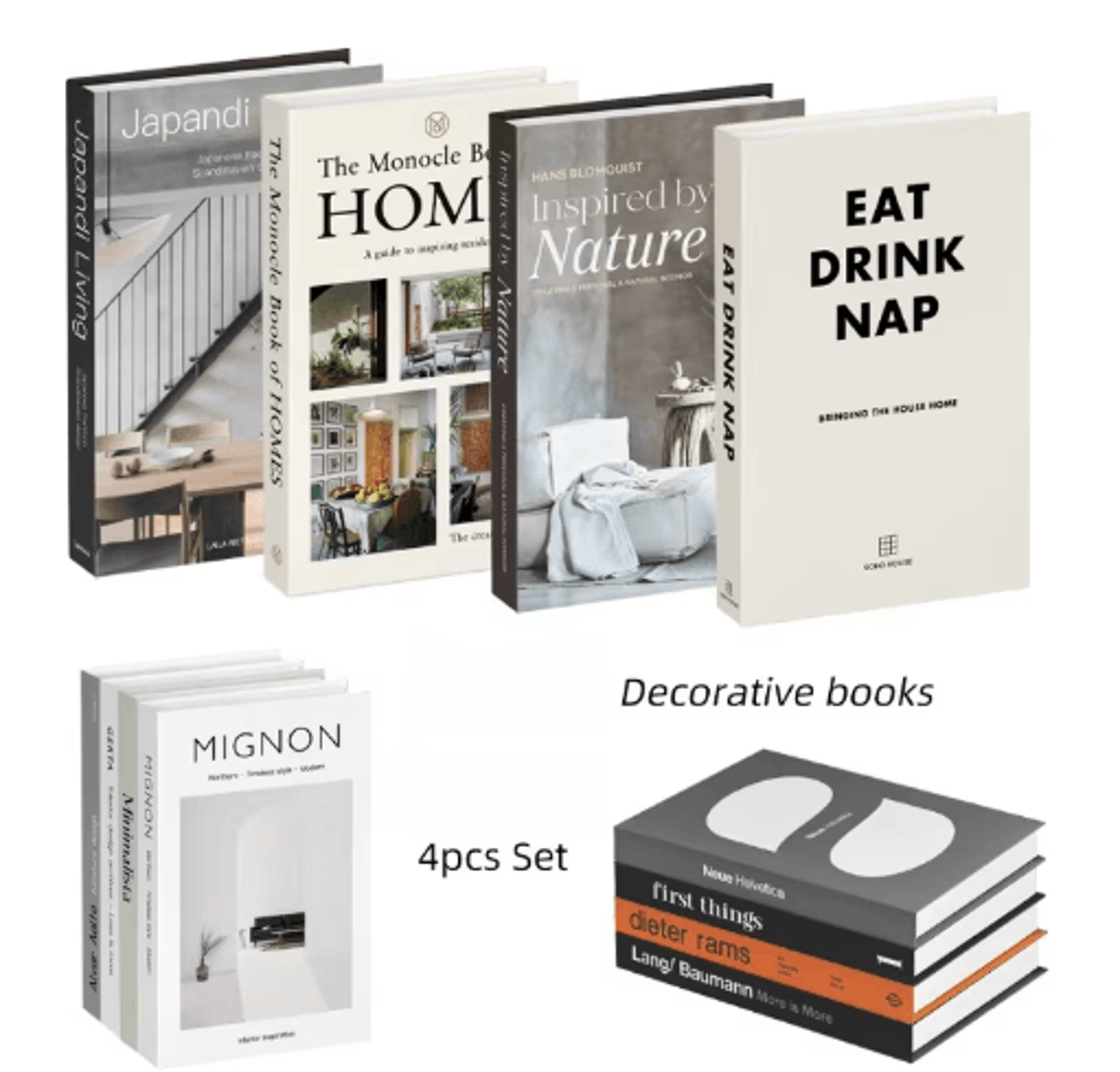 aesthetic decorative fake books set – designer coffee table & bookshelf decor (4pcs)