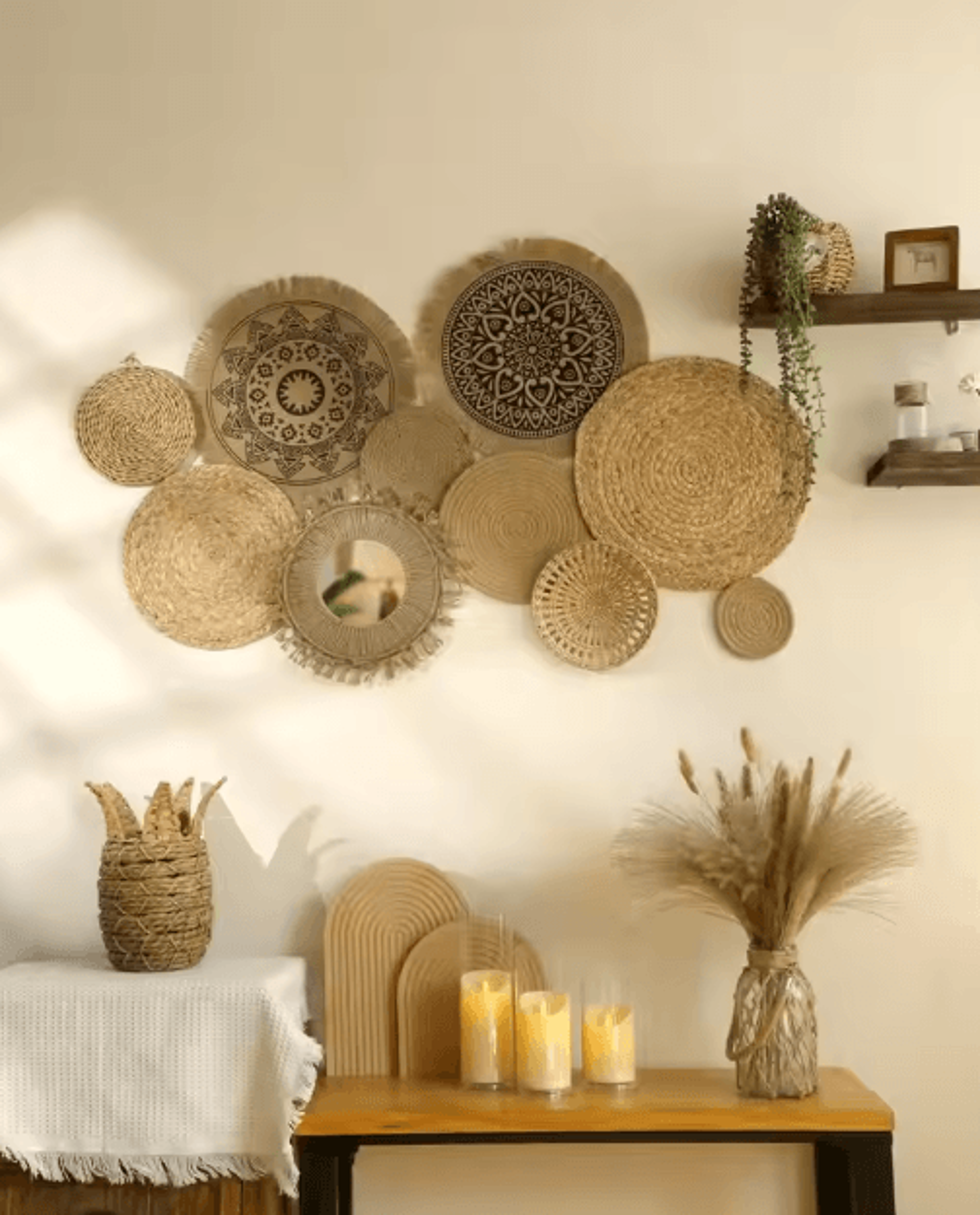 handmade boho wall baskets set – woven seagrass decor for rustic homes