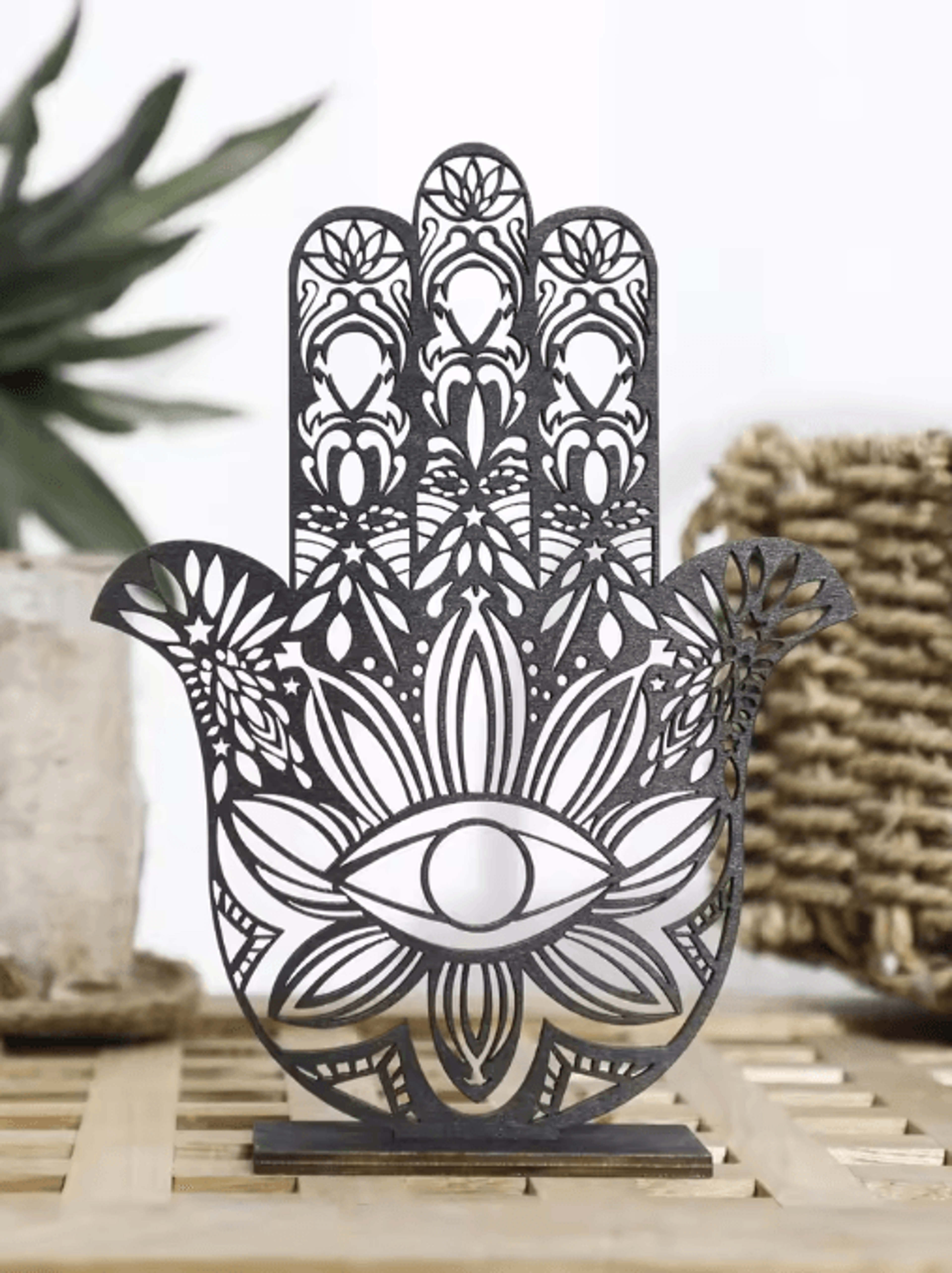 black wooden hamsa hand decor with evil eye boho spiritual desk accent