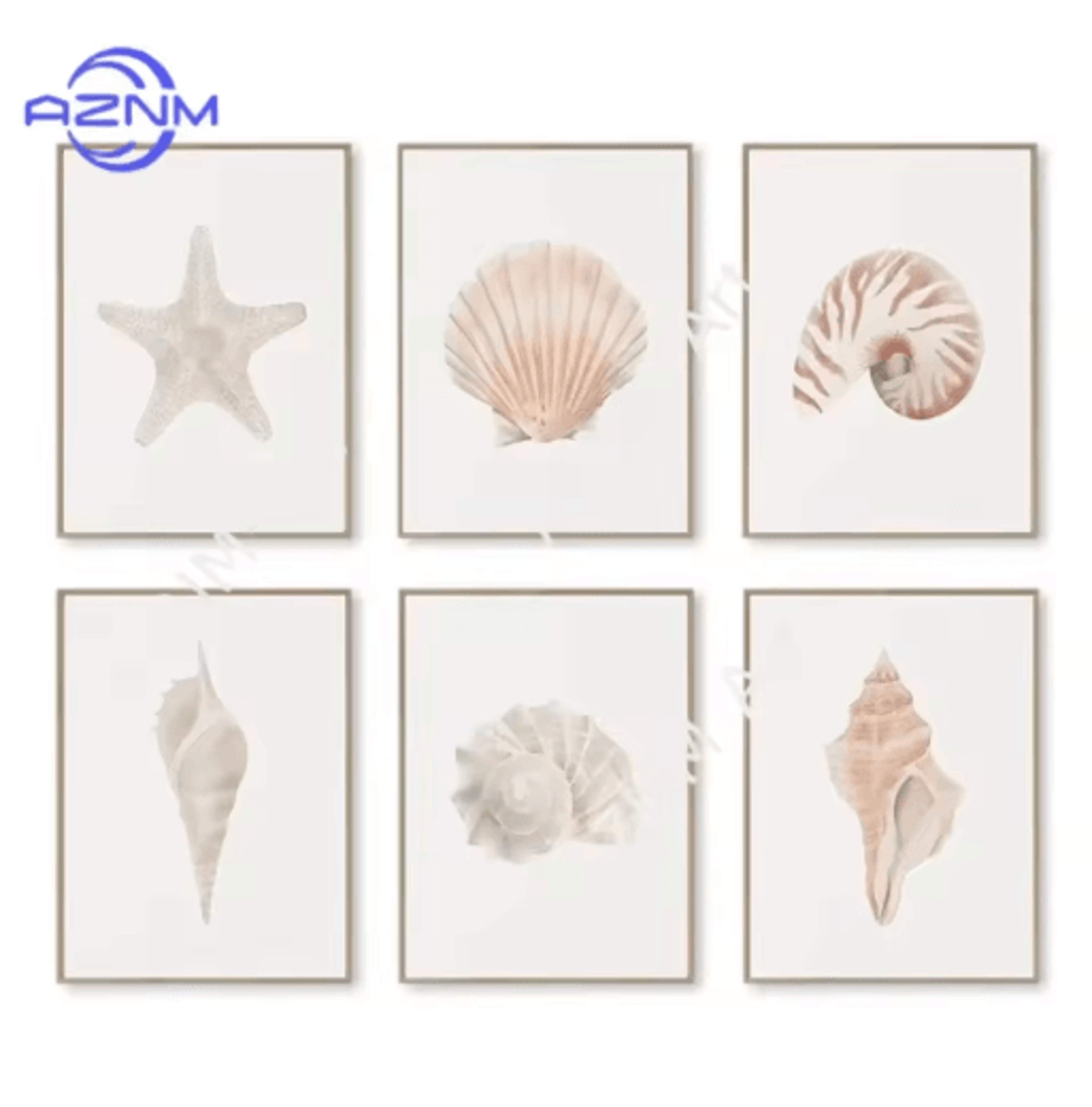 watercolor coastal wall art set sea shell & starfish prints for modern home decor