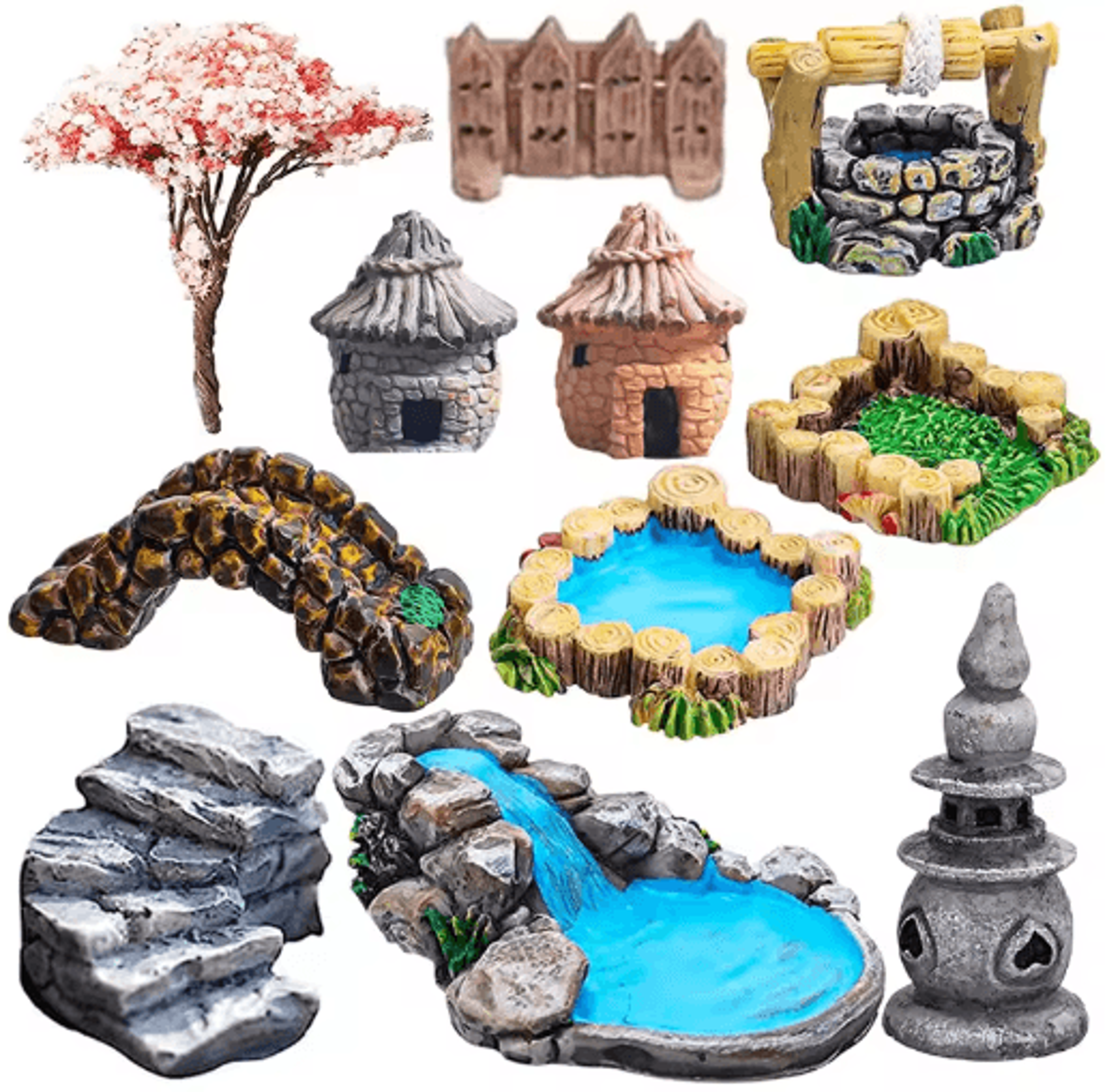miniature fairy garden accessories set – lighthouse, bridge & cottage landscape decor