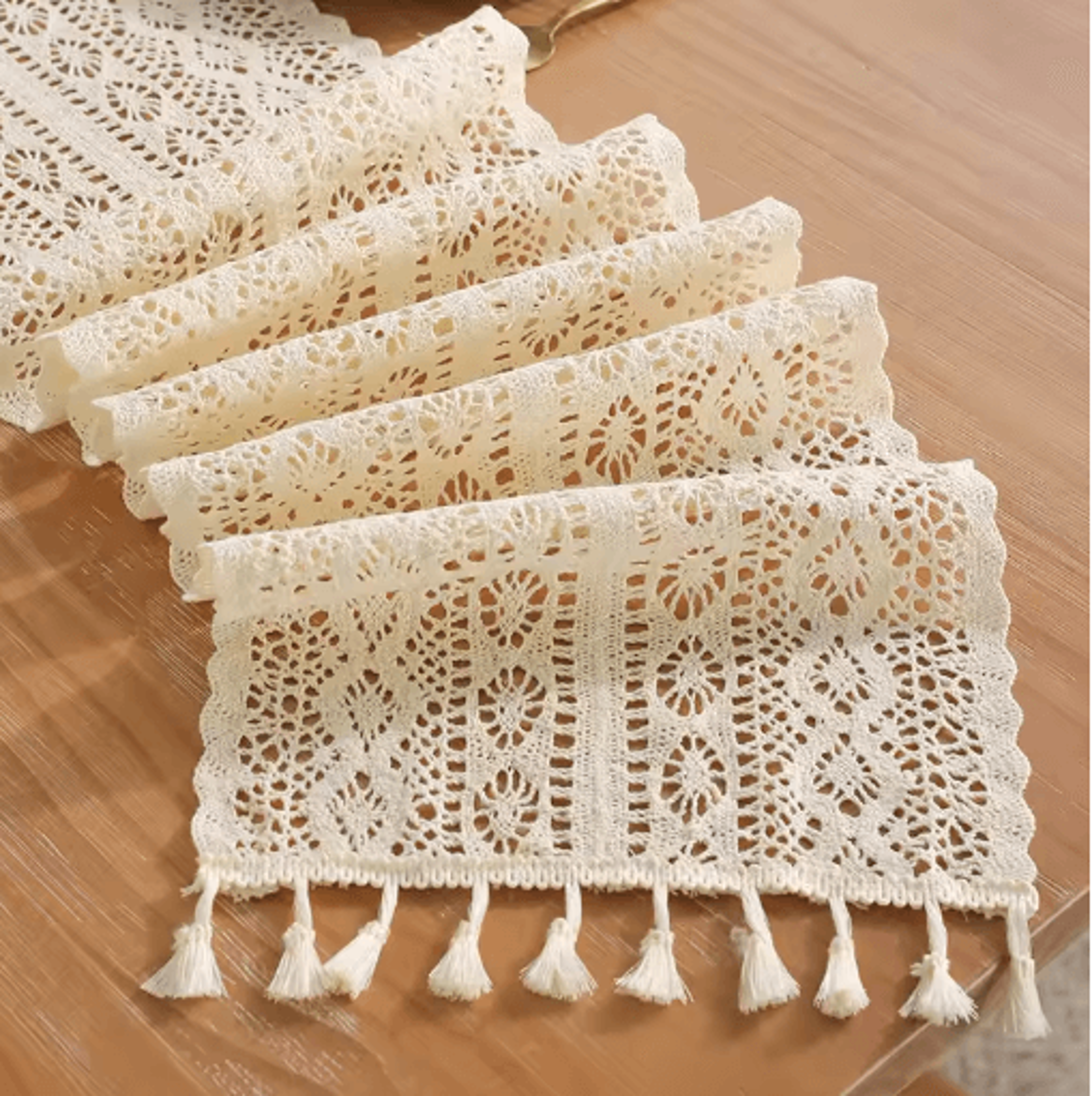 vintage crochet lace table runner beige tassel cotton blend for elegant table decor