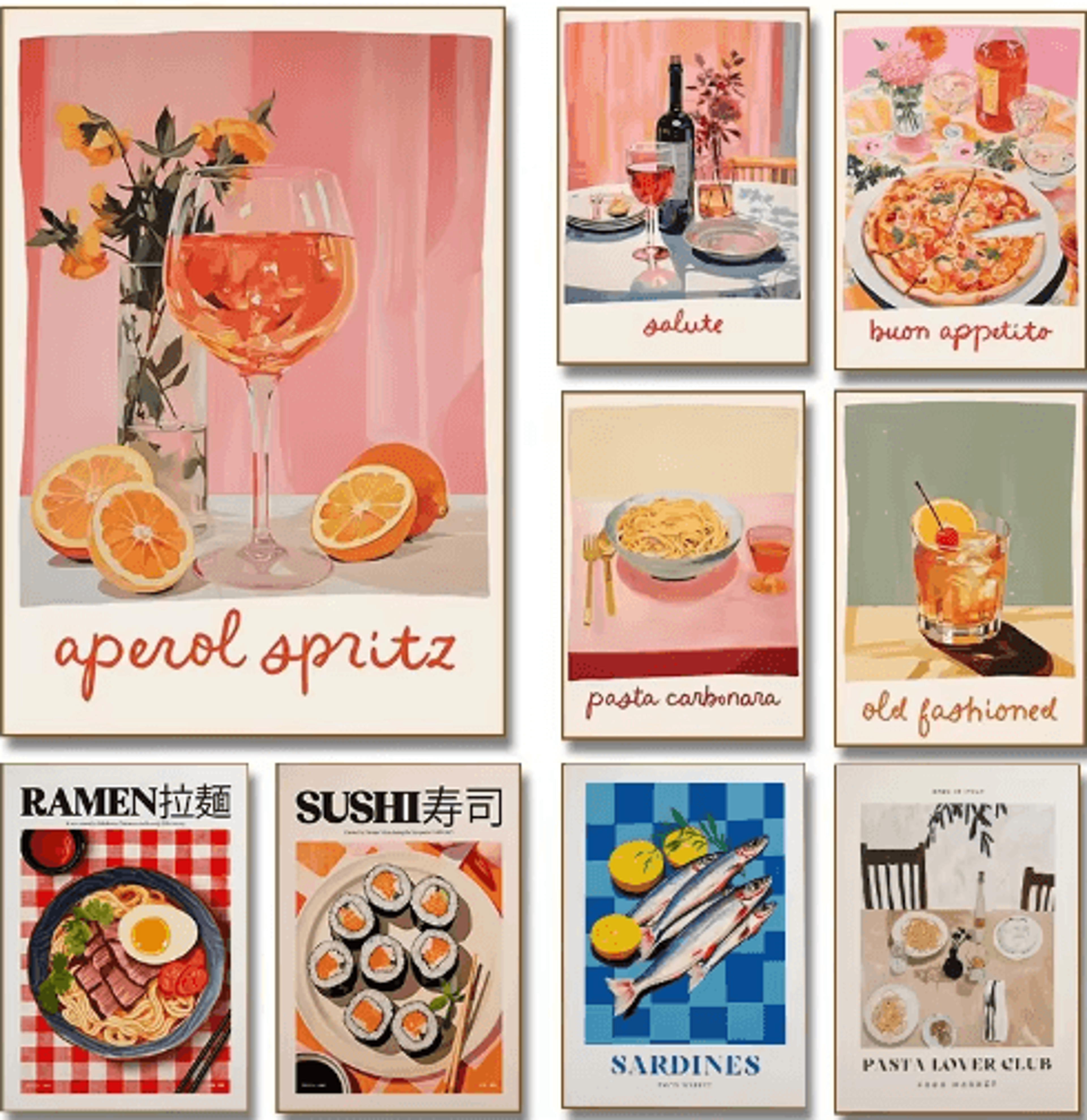 aperol spritz & pizza cocktail kitchen wall art italian food canvas poster