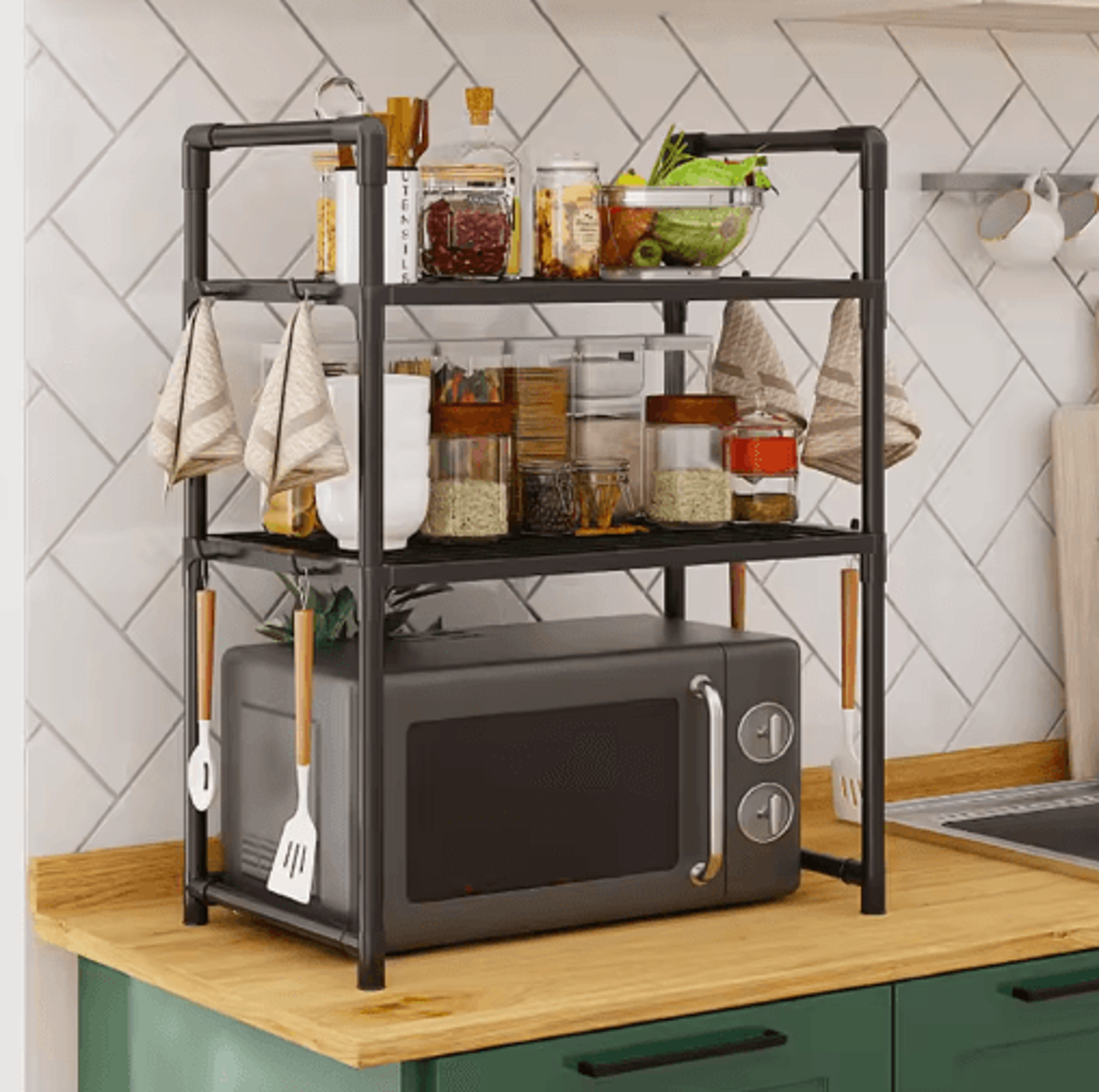 adjustable microwave storage rack – multi-purpose kitchen shelf with hooks