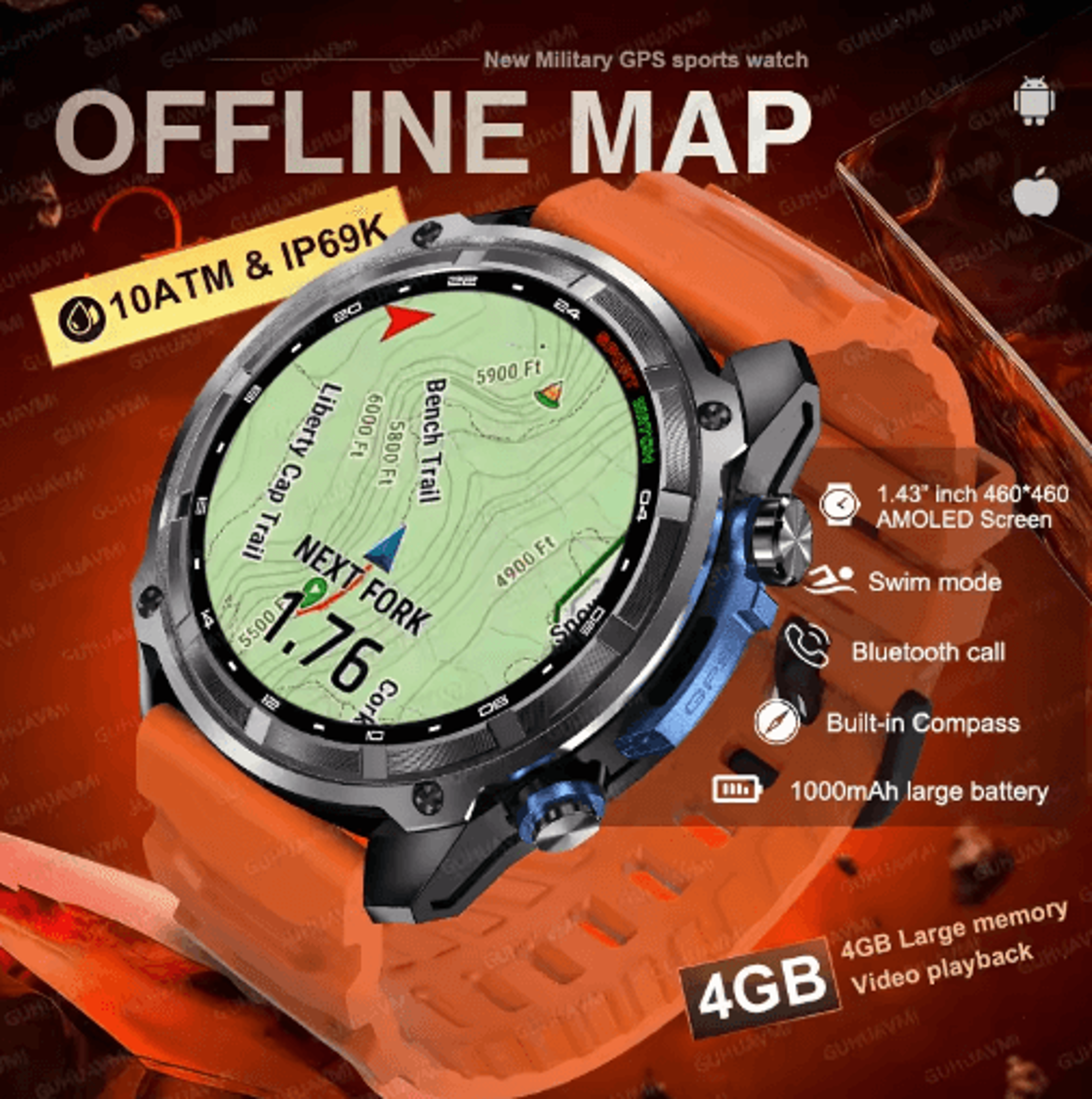 2025 military gps smartwatch – offline maps, 4gb storage & sports tracking watch