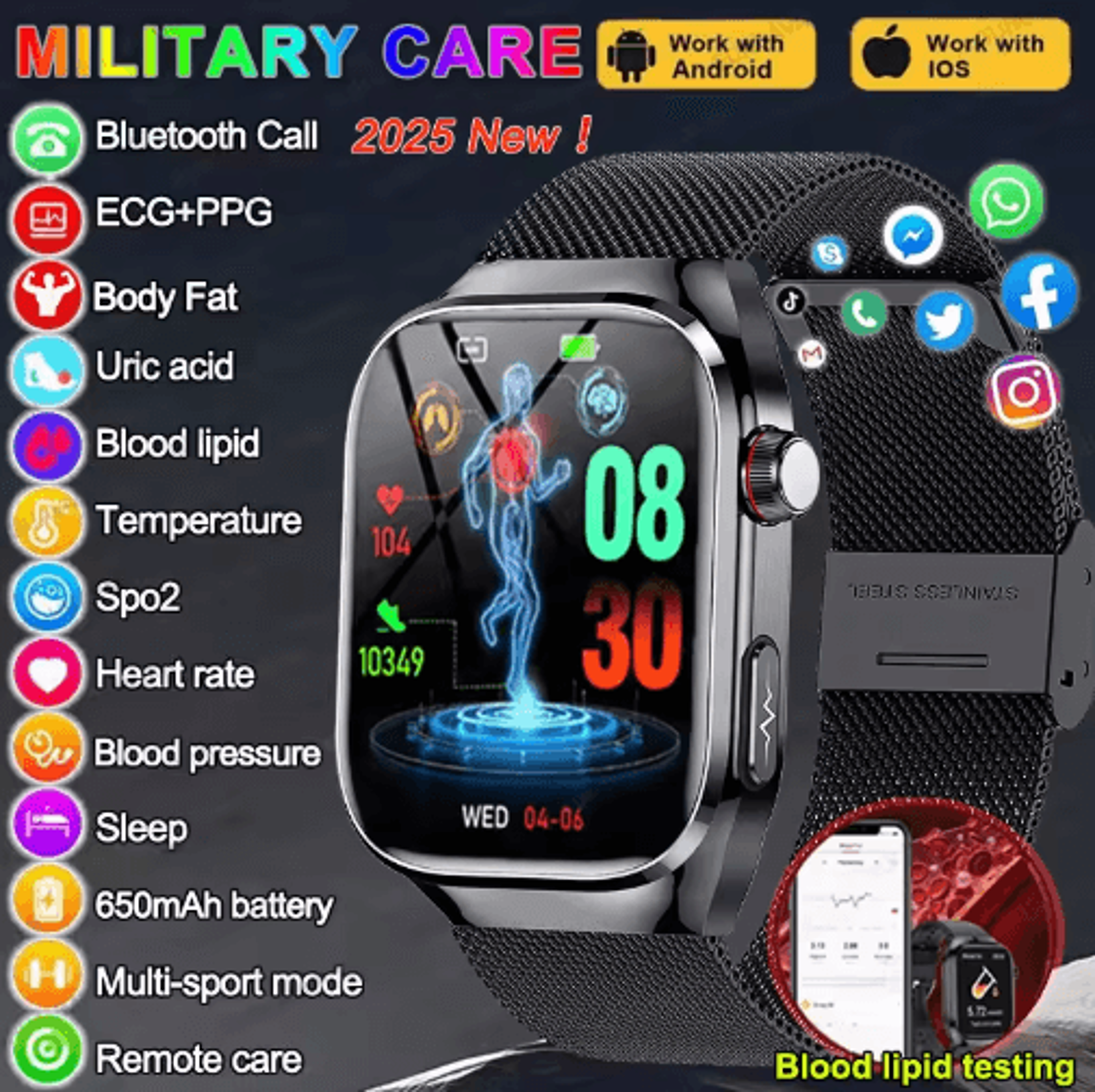 vitasense pro ai health smartwatch – ecg ppg blood pressure & uric acid monitor