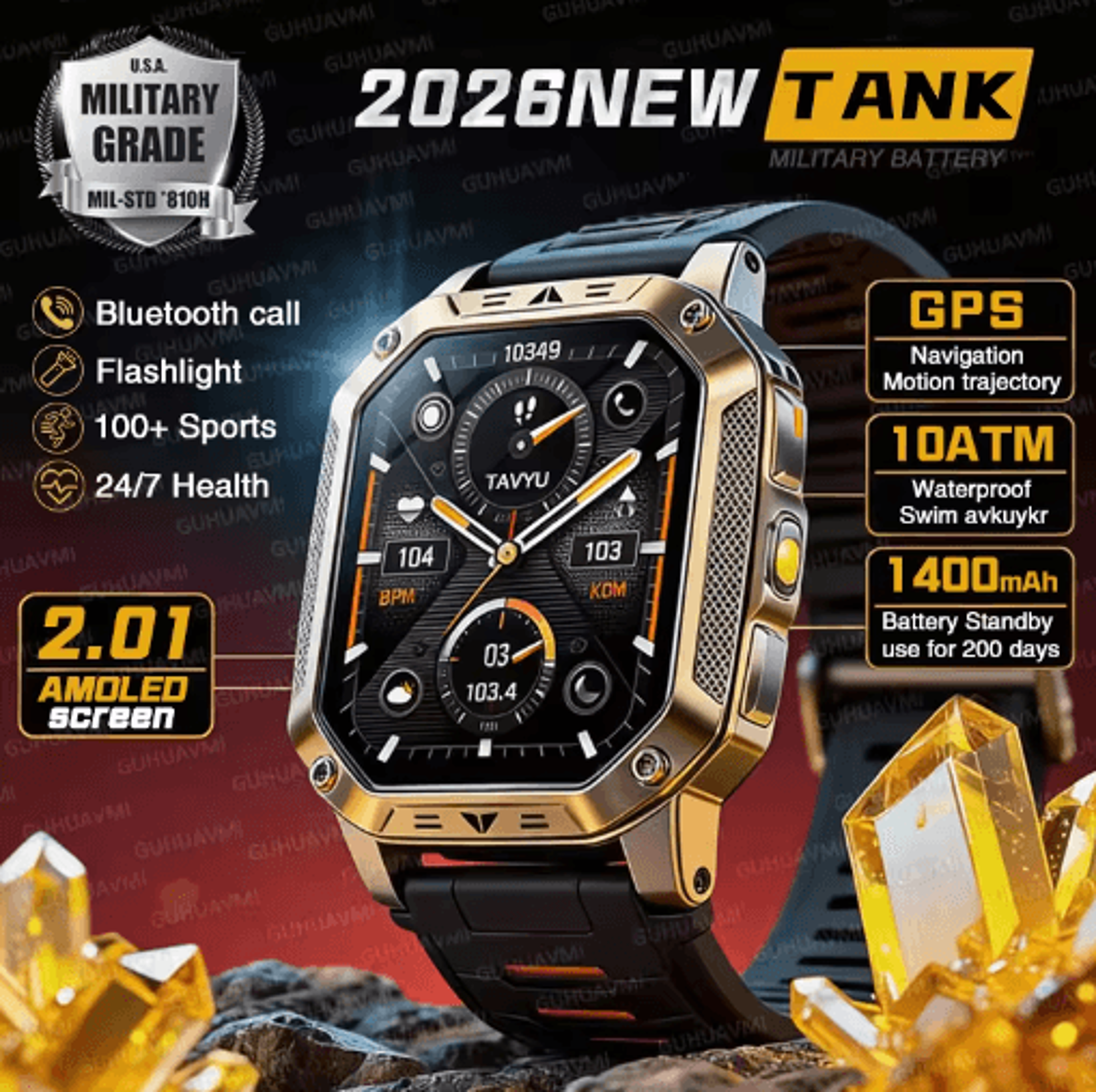 tank elite 1400mah military gps smartwatch 10atm rugged amoled outdoor watch with sos & flashlight