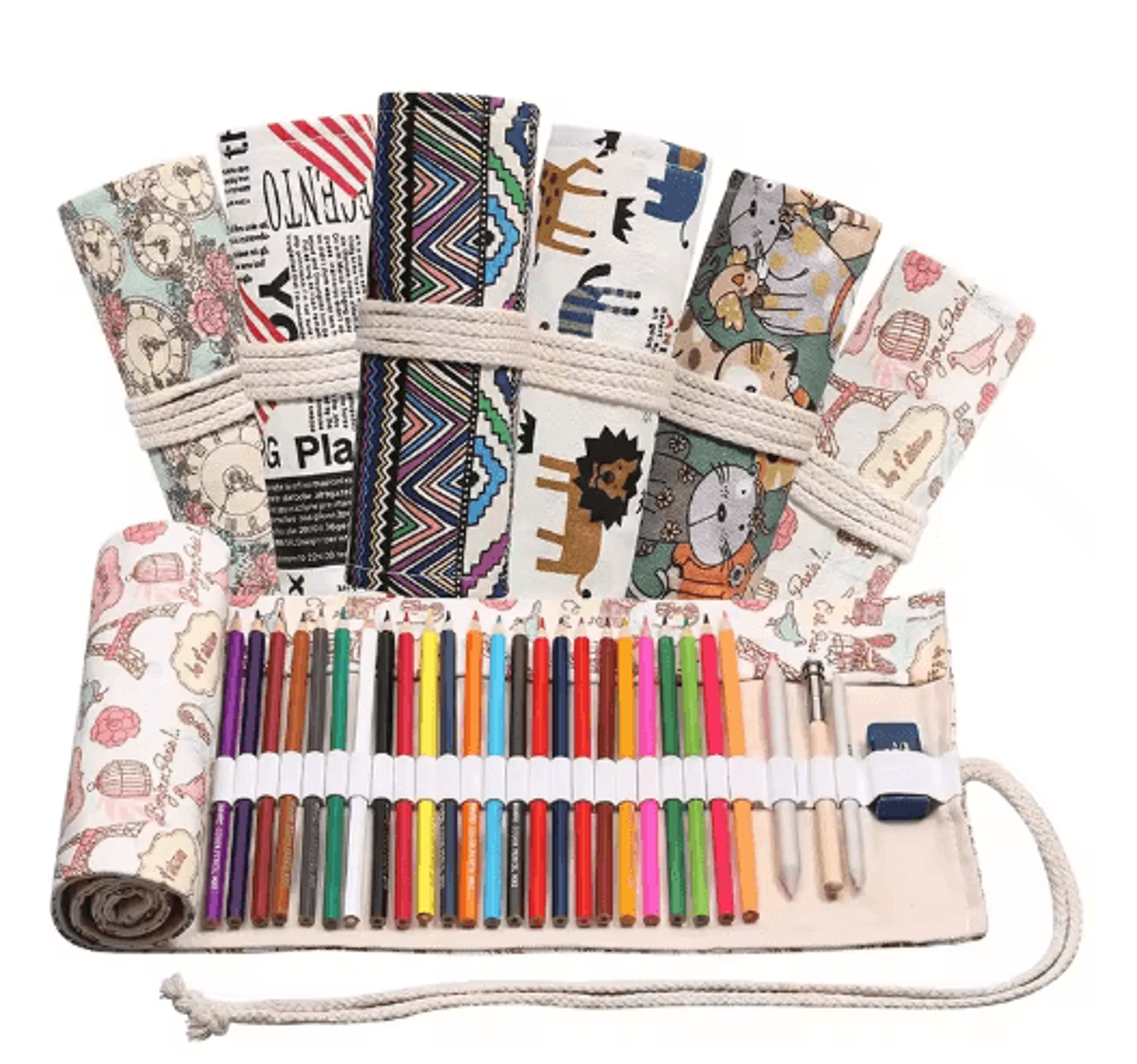canvas roll up pencil case for pens, brushes & school supplies