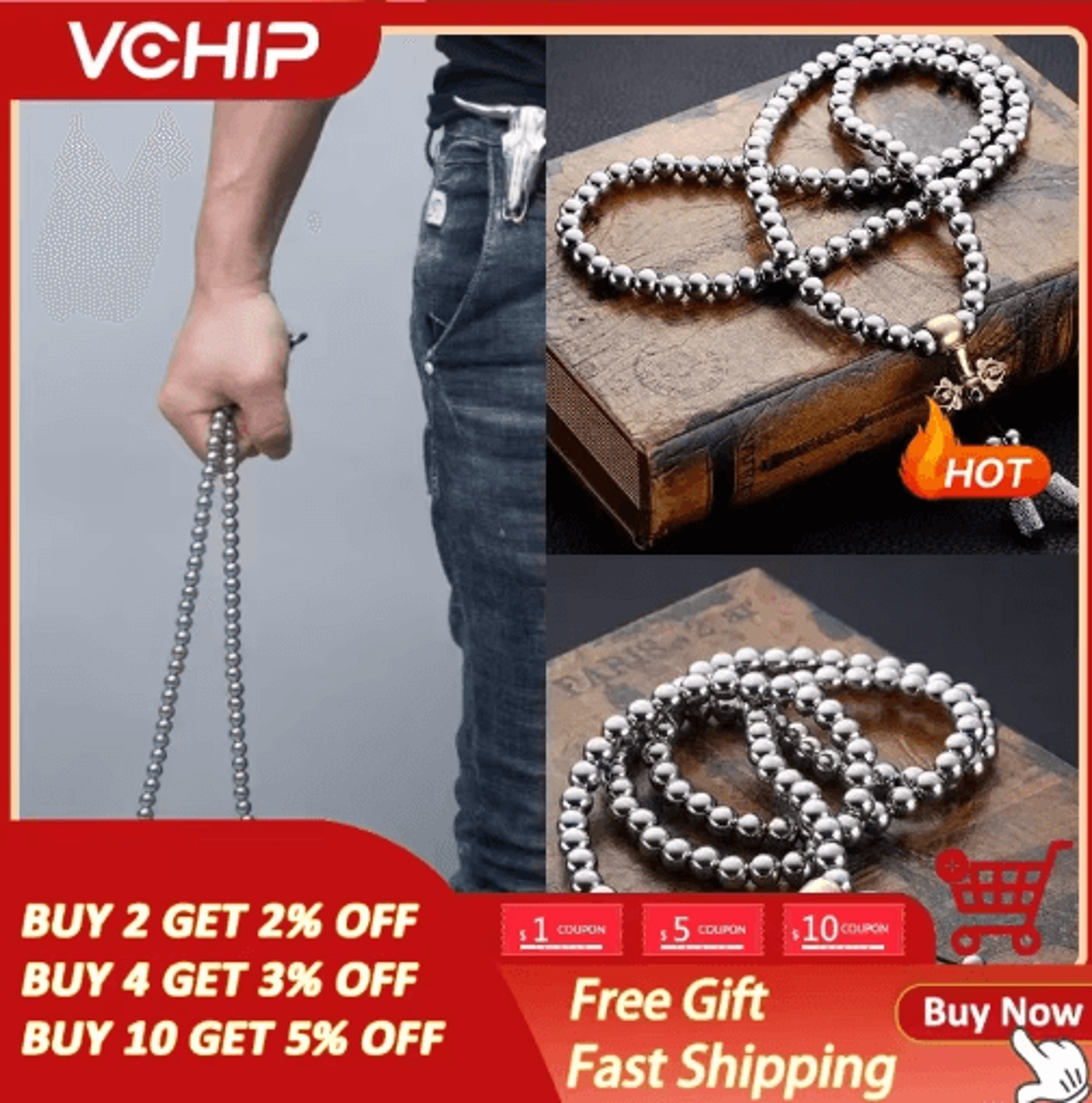 tactical titanium edc necklace with steel buddha bead chain