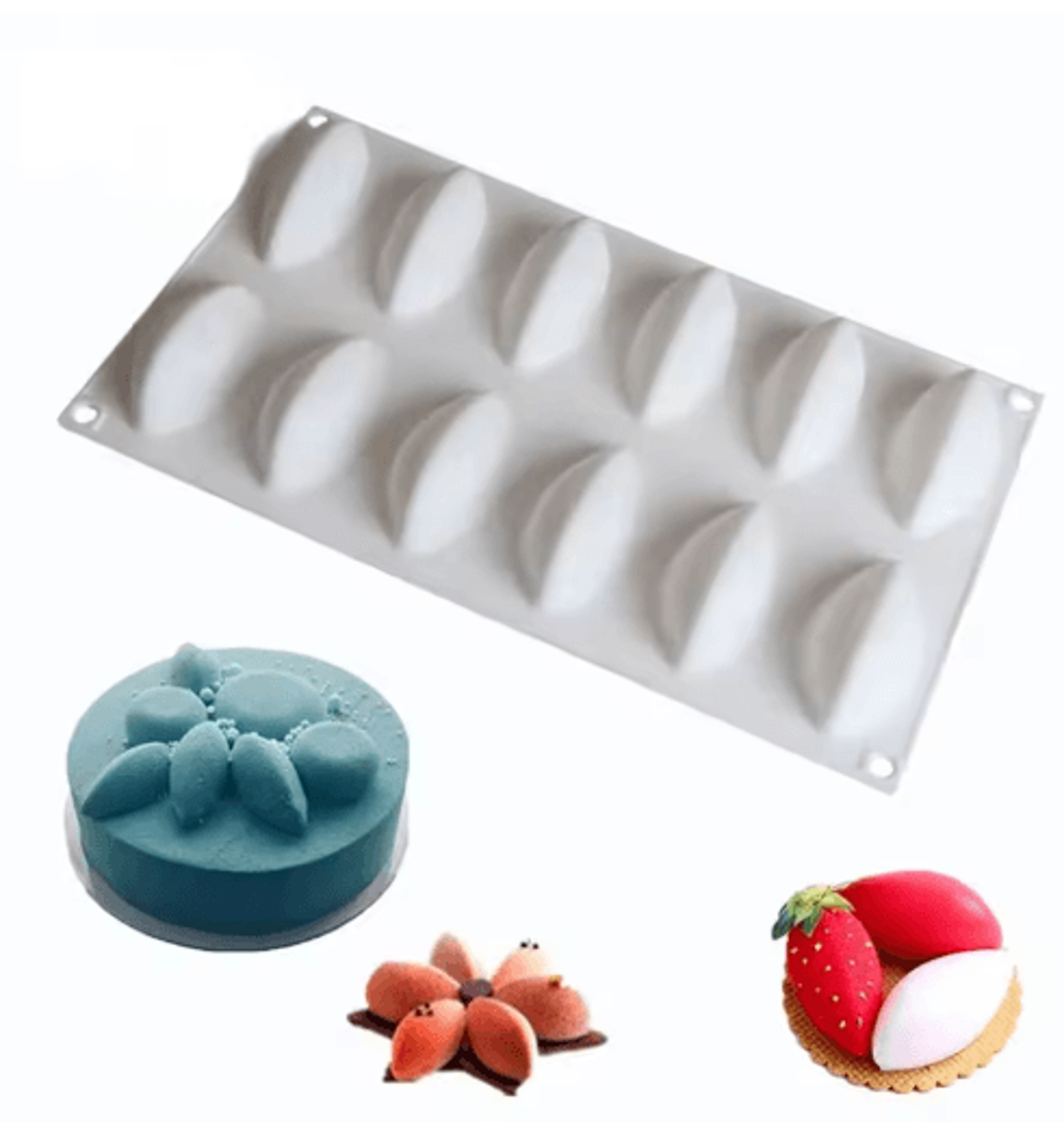 12-cavity silicone quenelle mold for mousse cakes & chocolate desserts