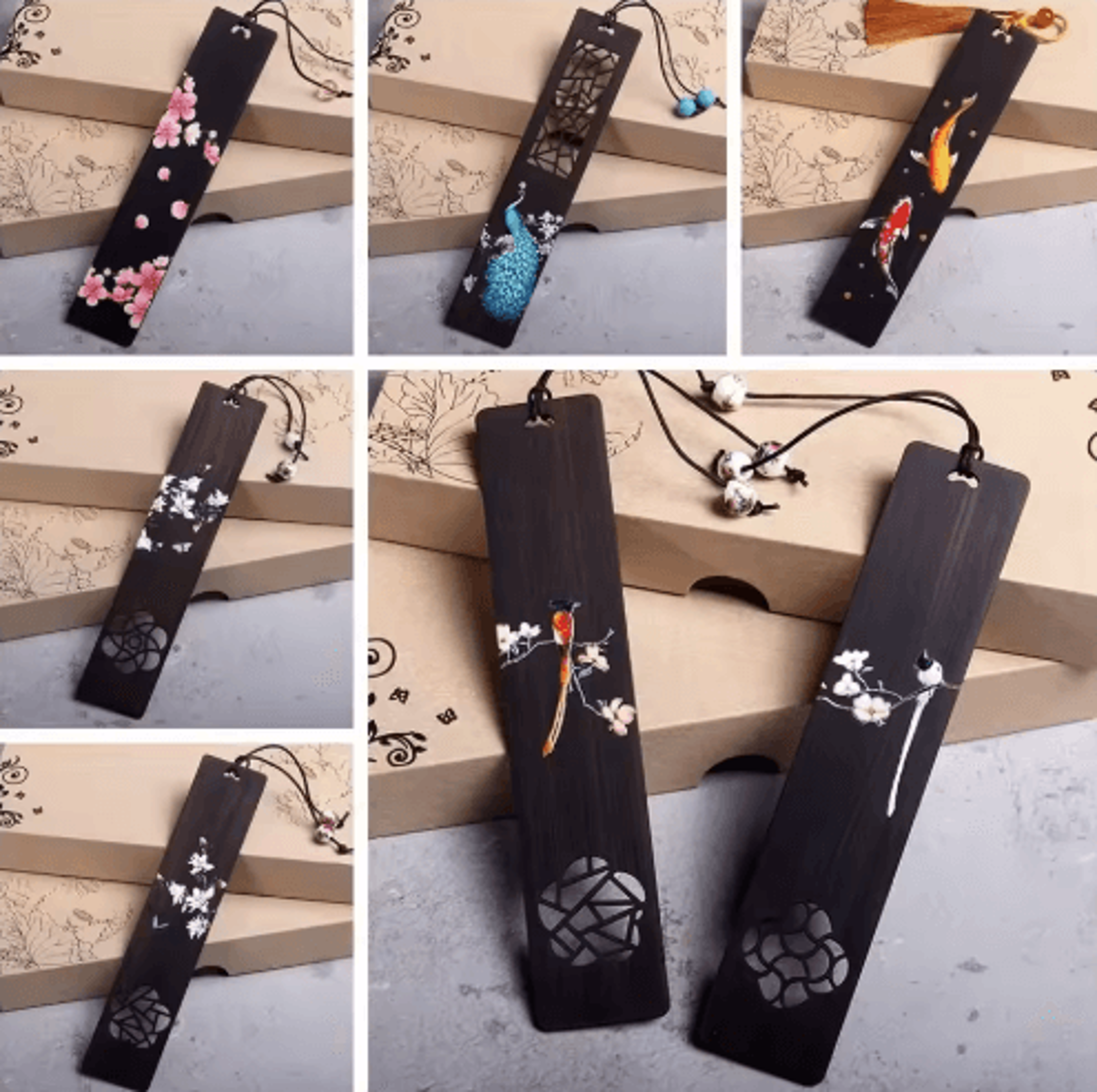 retro chinese wooden bookmark with ebony carved design
