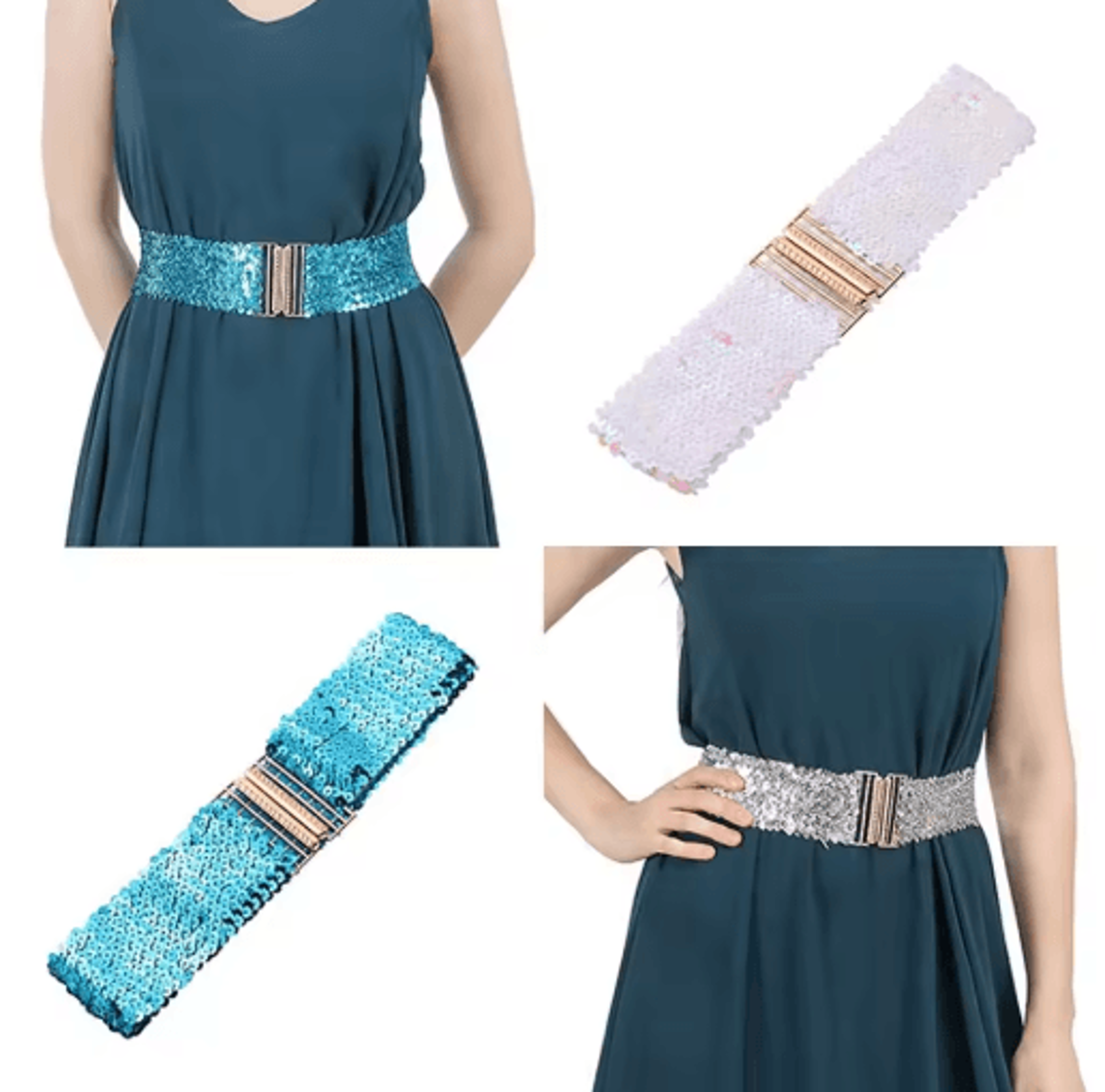 wide elastic sequin waist belt with gold buckle for women