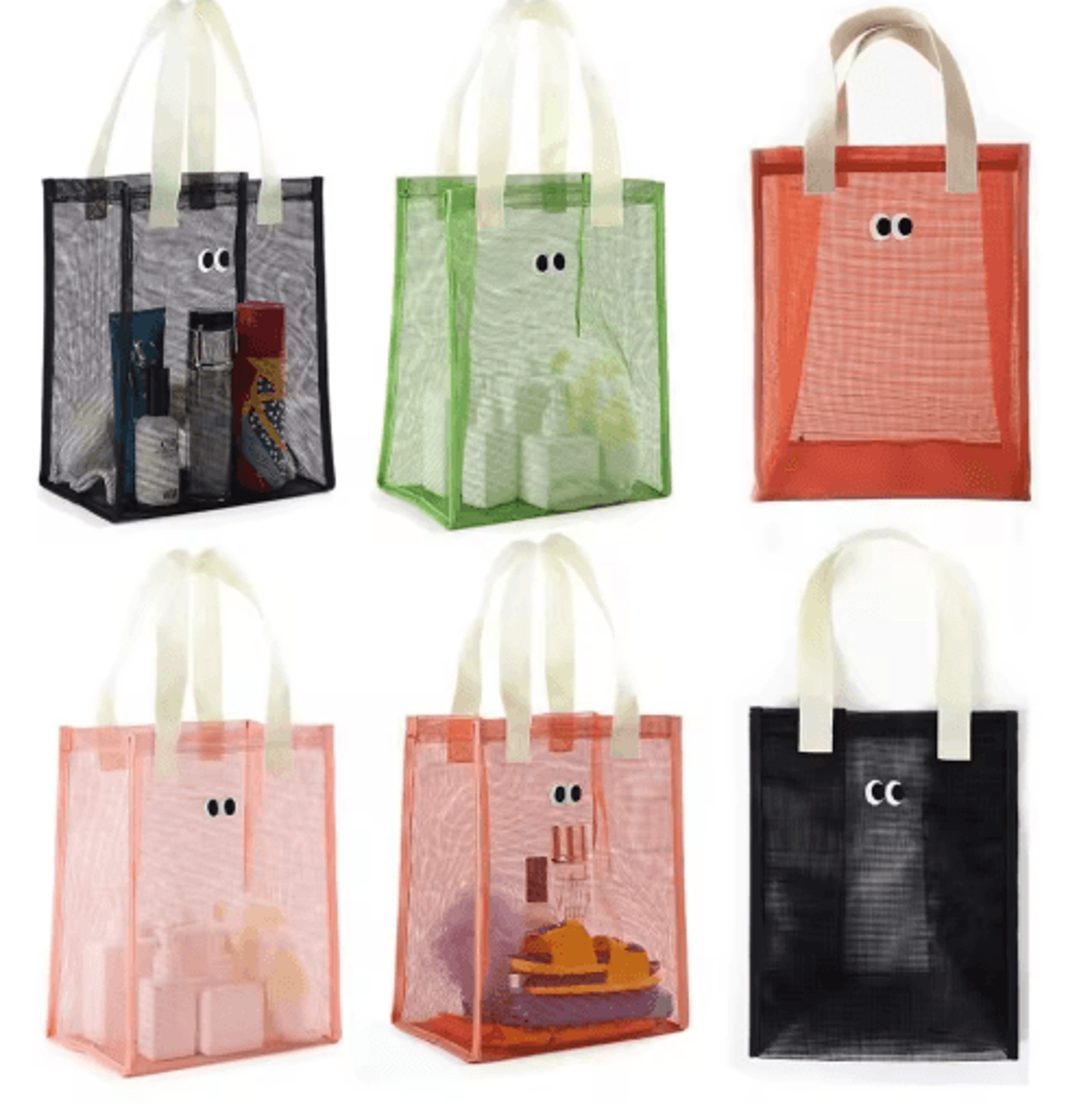 large capacity mesh travel bag with cartoon big eyes design