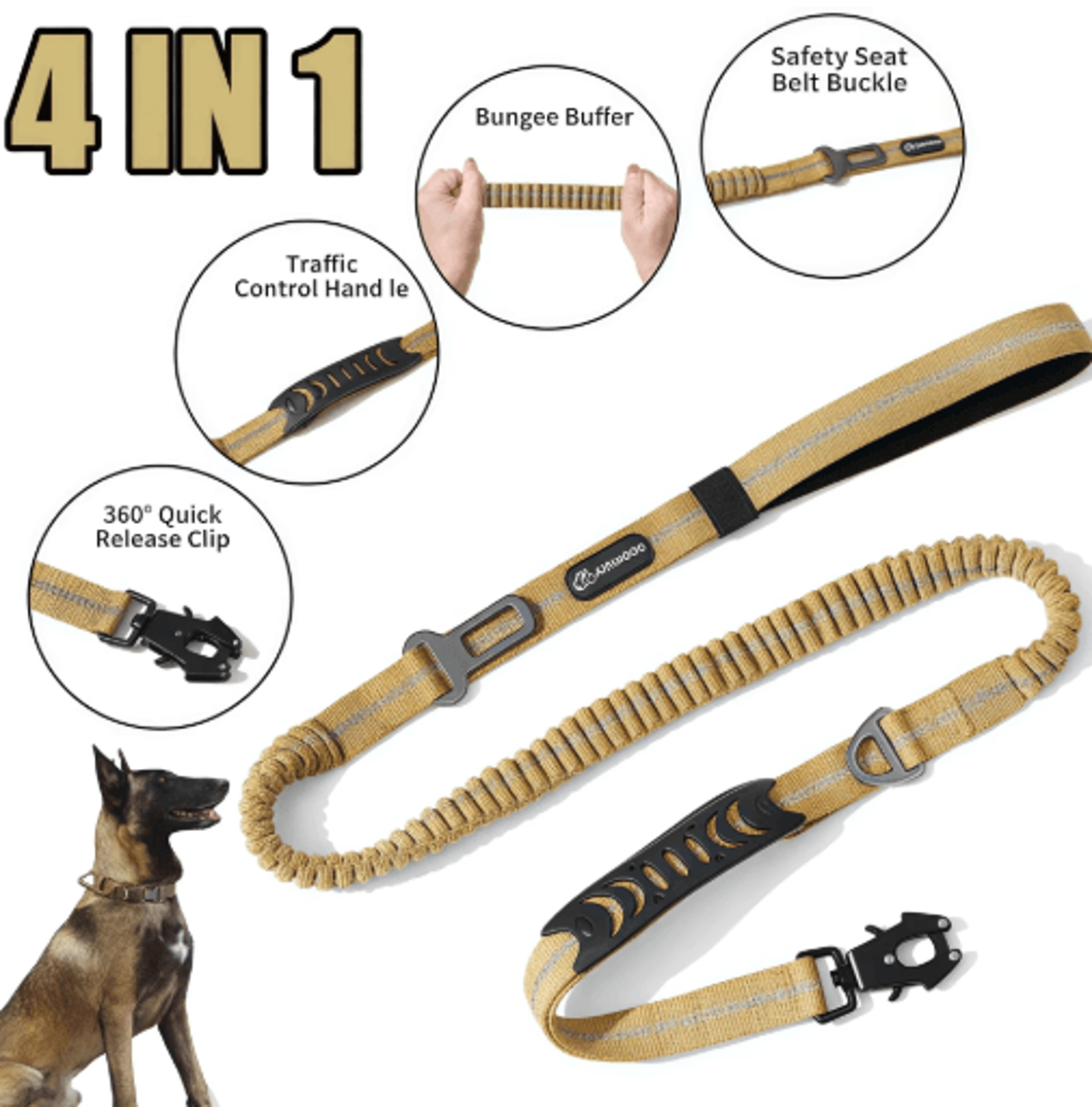 titanflex reflective bungee dog leash with built in car seatbelt