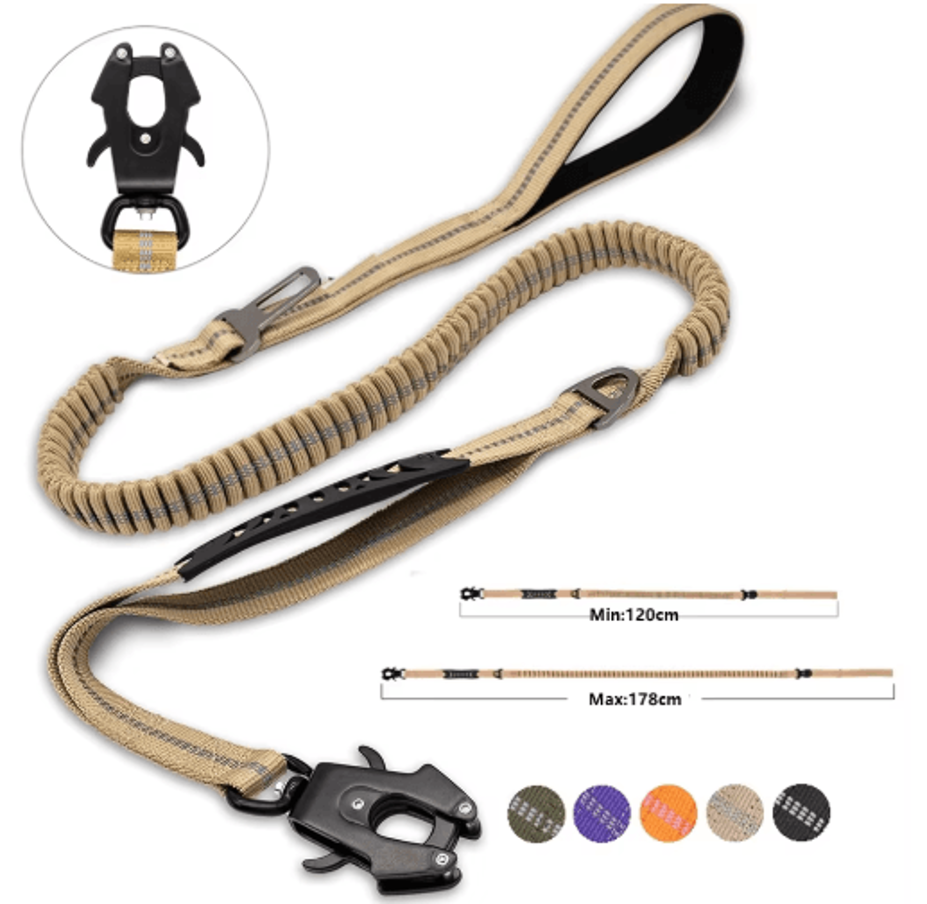 powertrail reflective bungee dog leash with built-in car seatbelt