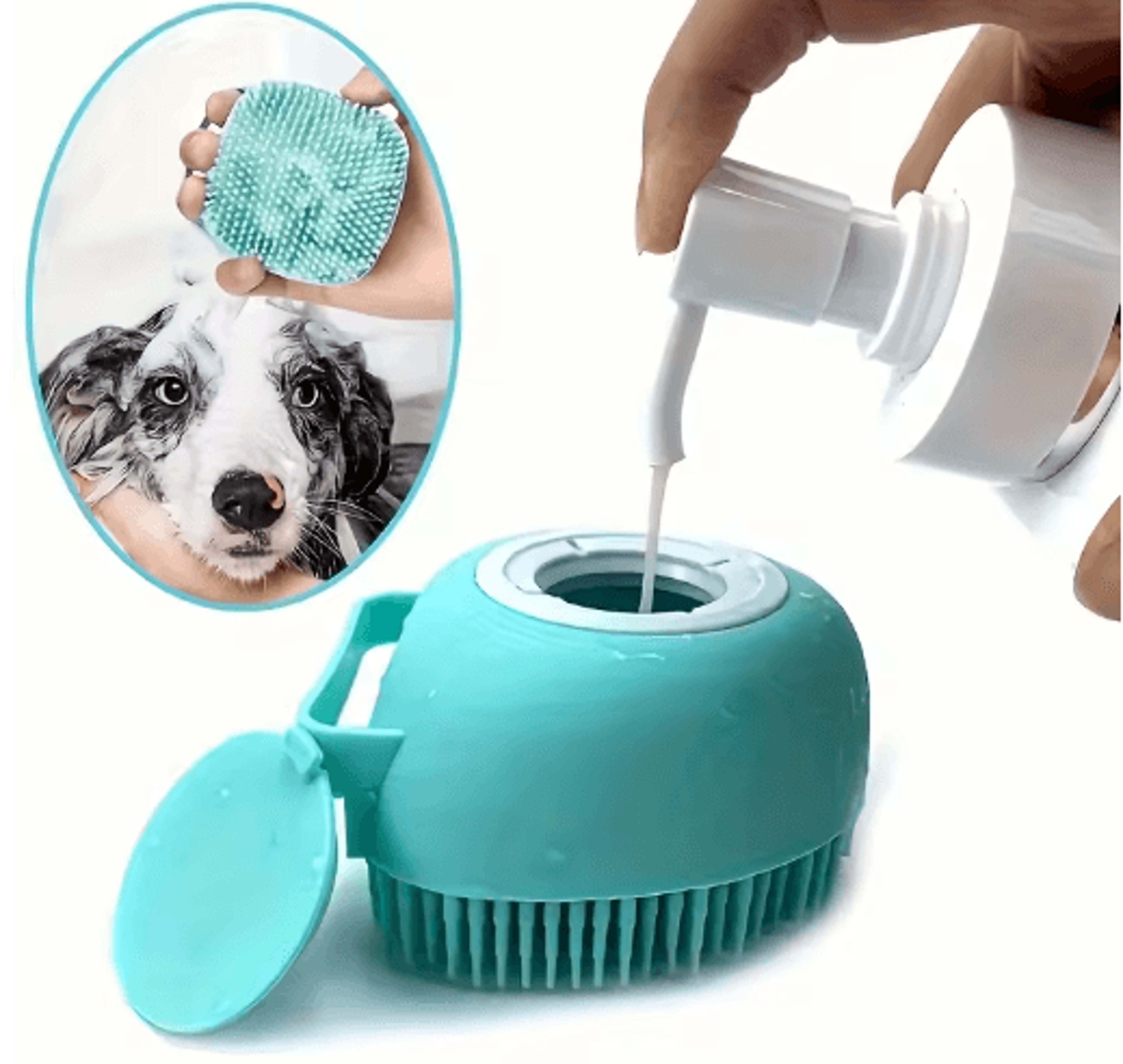 spasoothe silicone pet grooming brush with shampoo dispenser