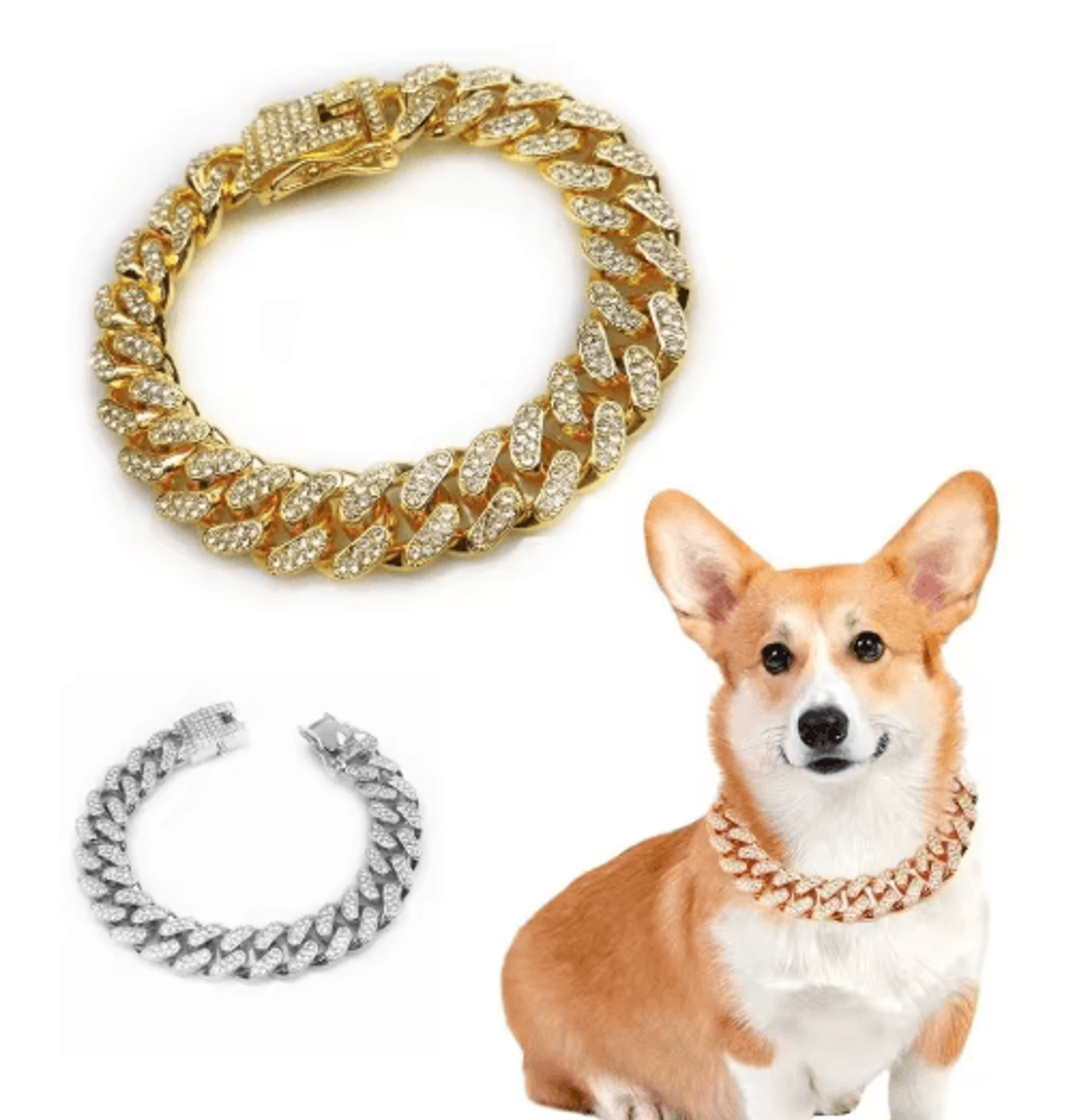 luxury rhinestone dog chain collar – stainless steel pet jewelry for dogs & cats