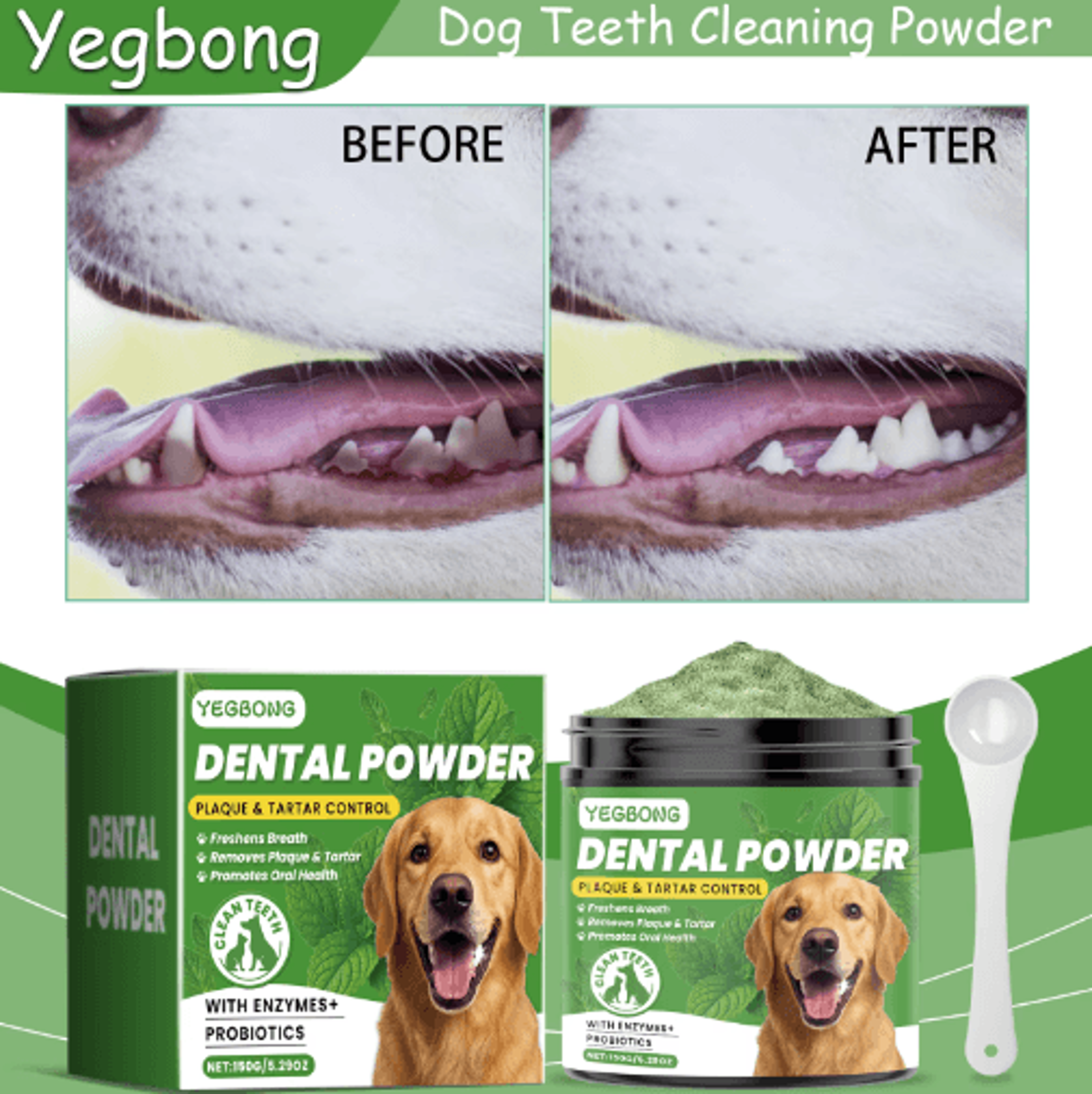 yegbong dog teeth cleaning powder – gentle dental care for cleaner teeth & fresher breath (150g)