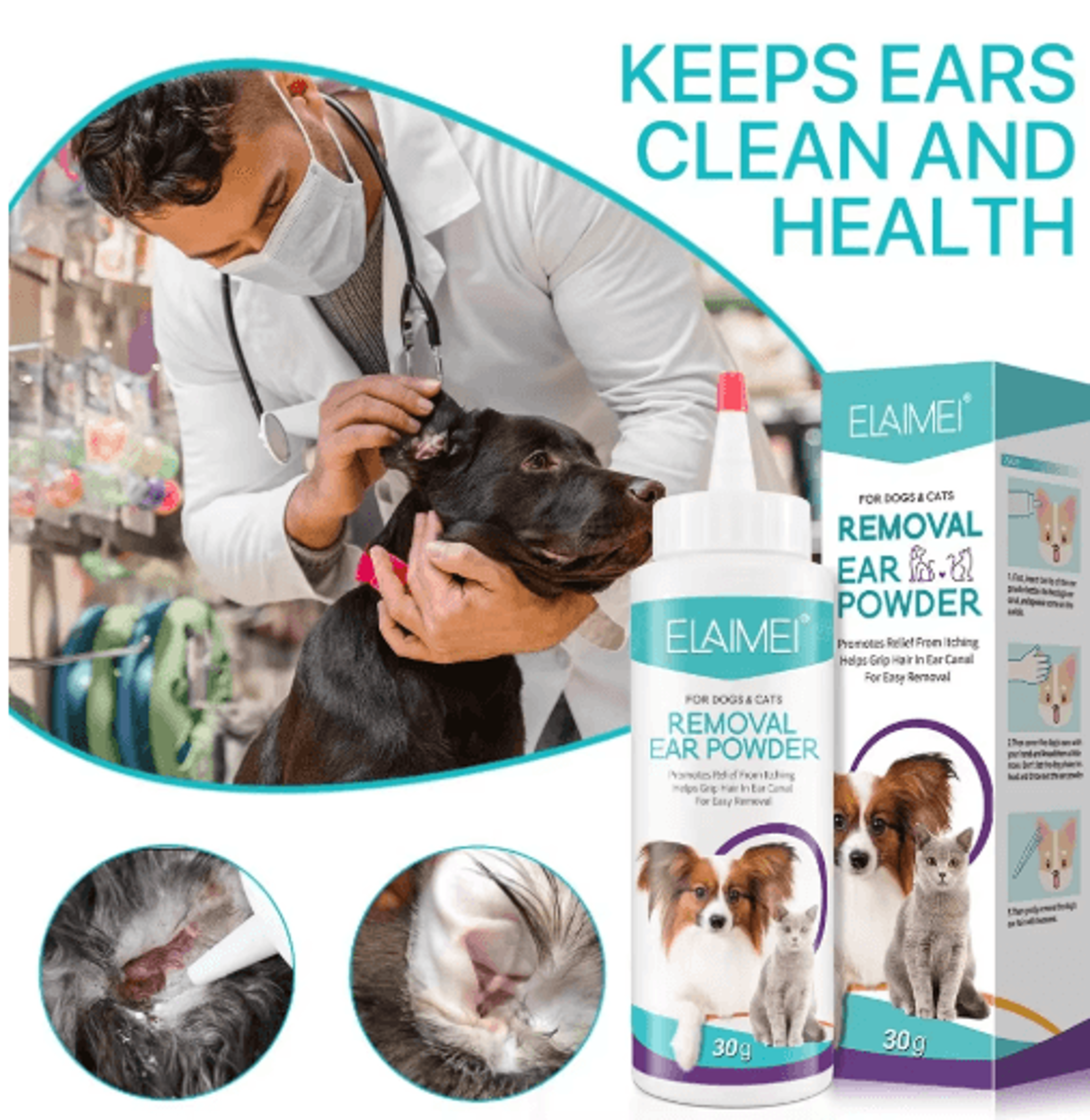 pet ear hair removal powder – gentle ear cleaning powder for dogs & cats (30g)