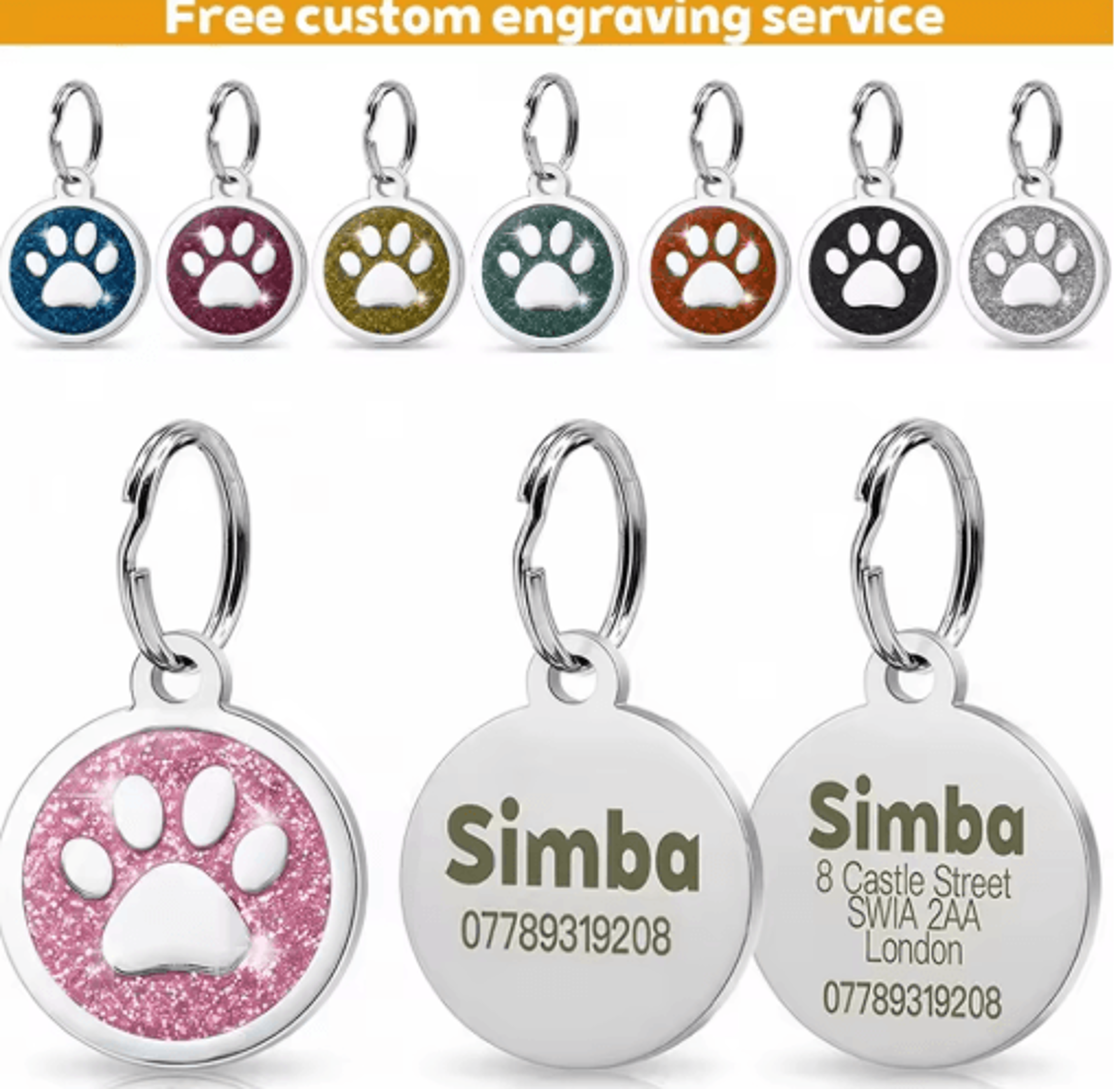 personalized paw print pet id tag – engraved glitter name tag for dogs & cats