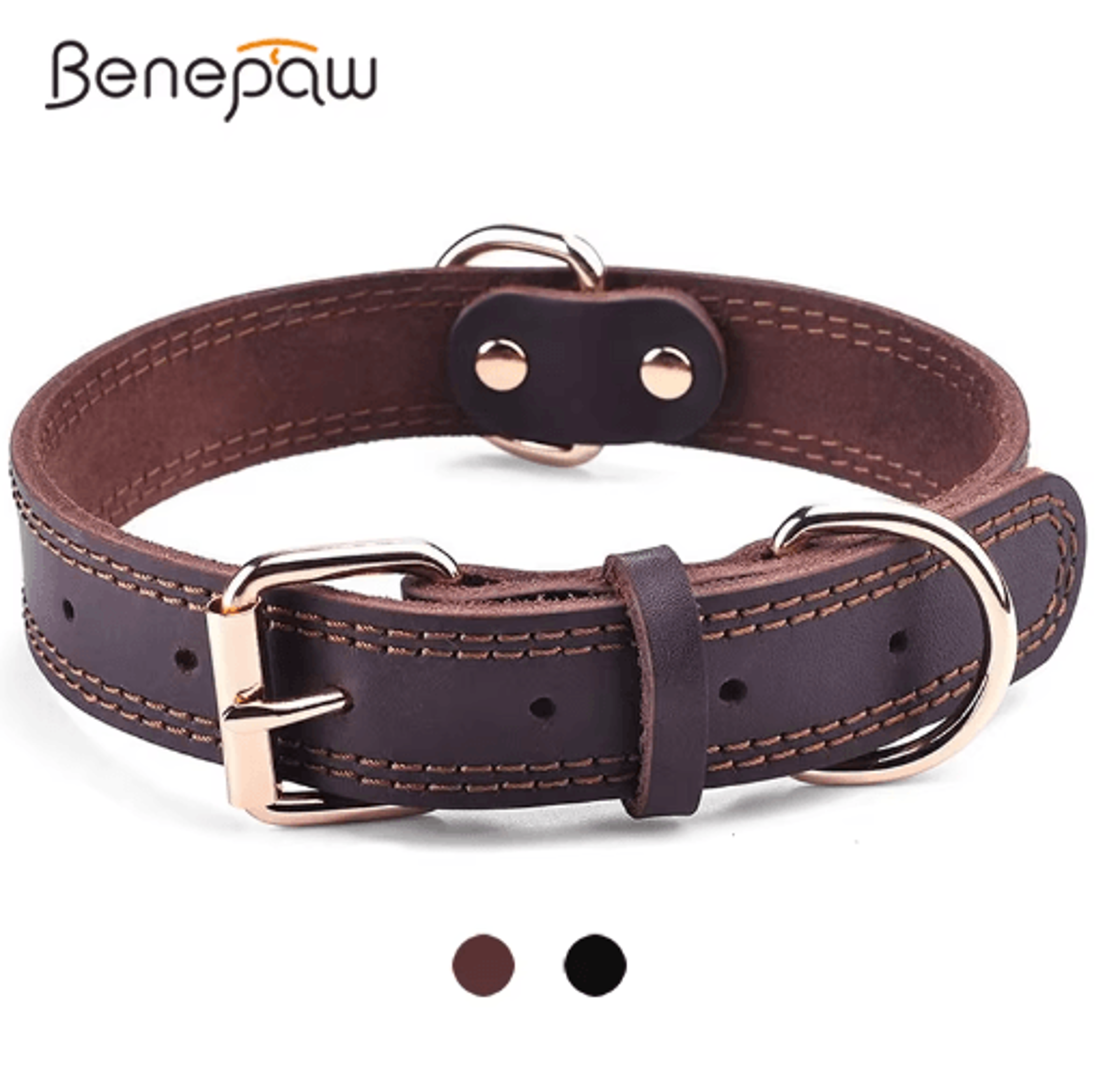 benepaw genuine leather dog collar – heavy-duty vintage collar for medium & large dogs