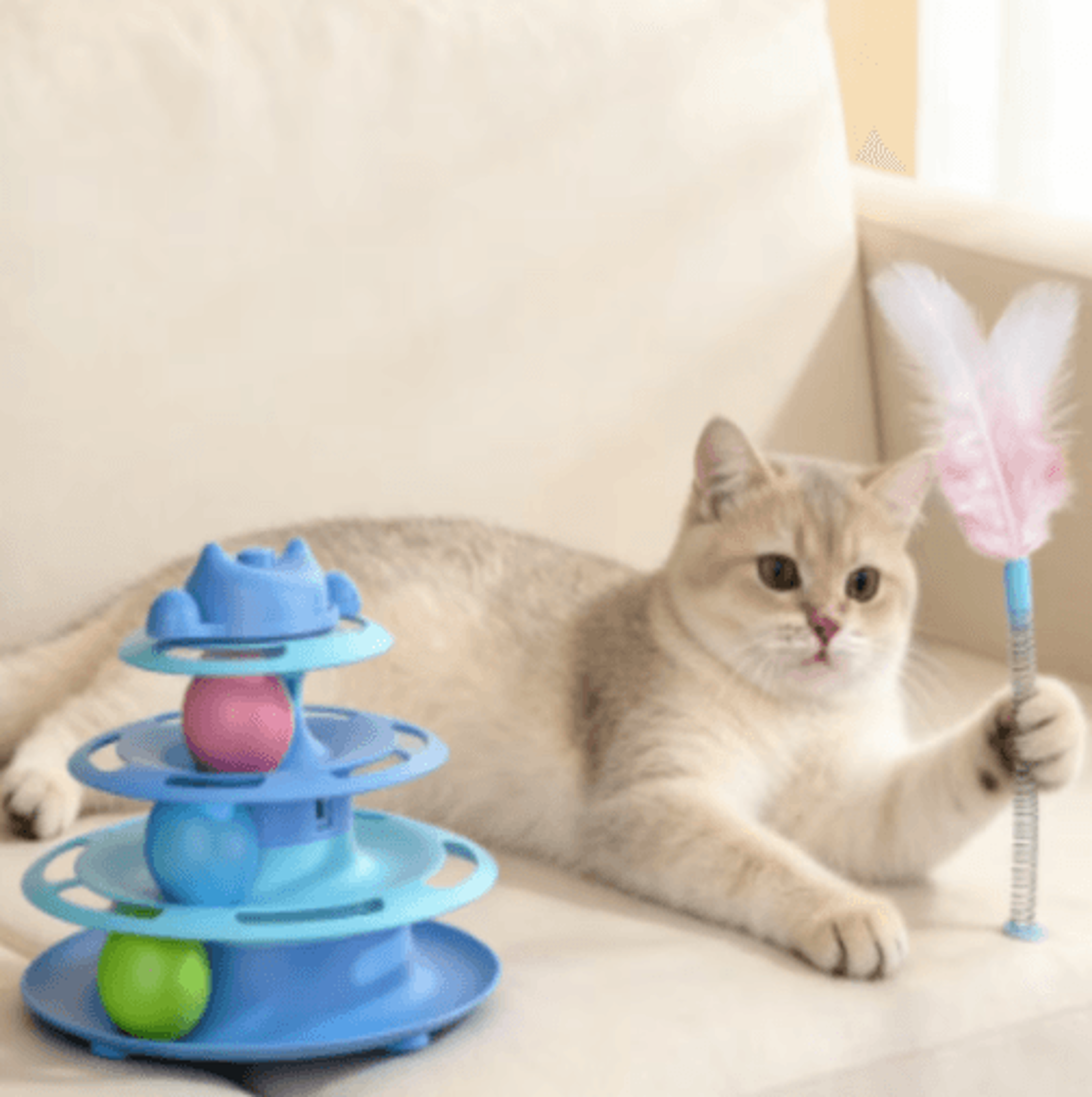 4-layer interactive cat turntable toy with feather & ball track