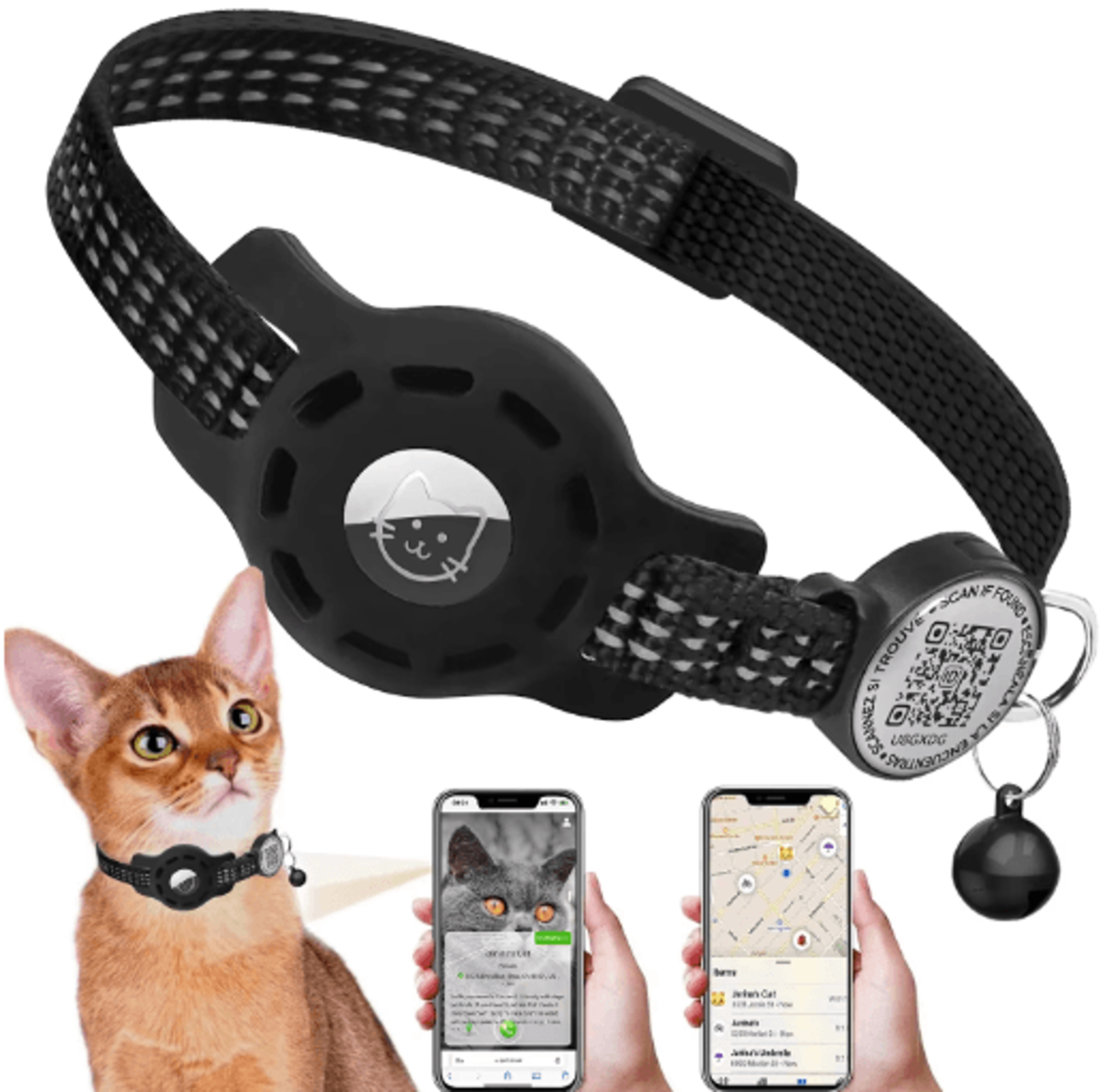 reflective airtag cat gps collar with qr tag & breakaway design