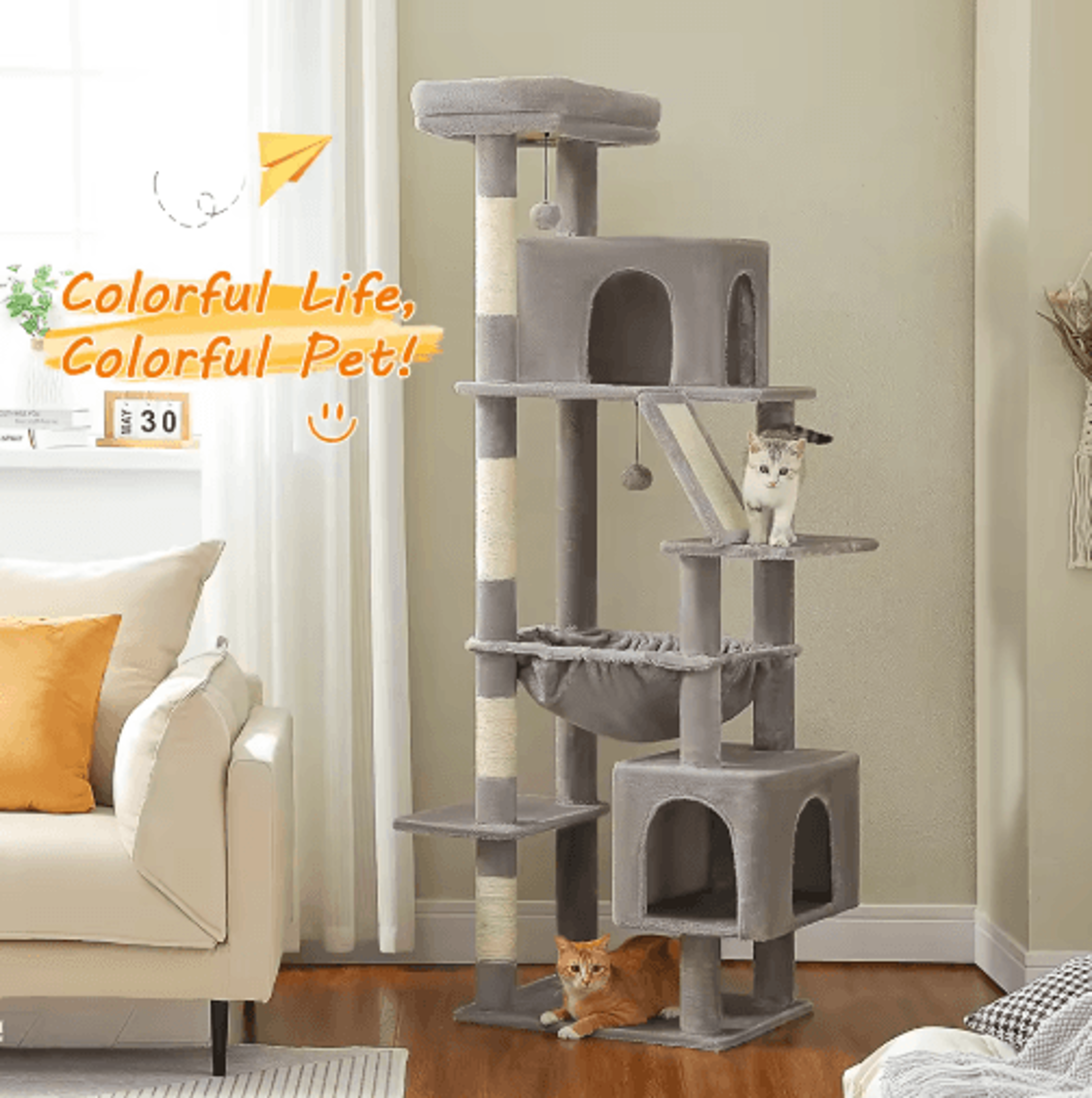 multi-level cat tree tower with large condo beds & scratching posts