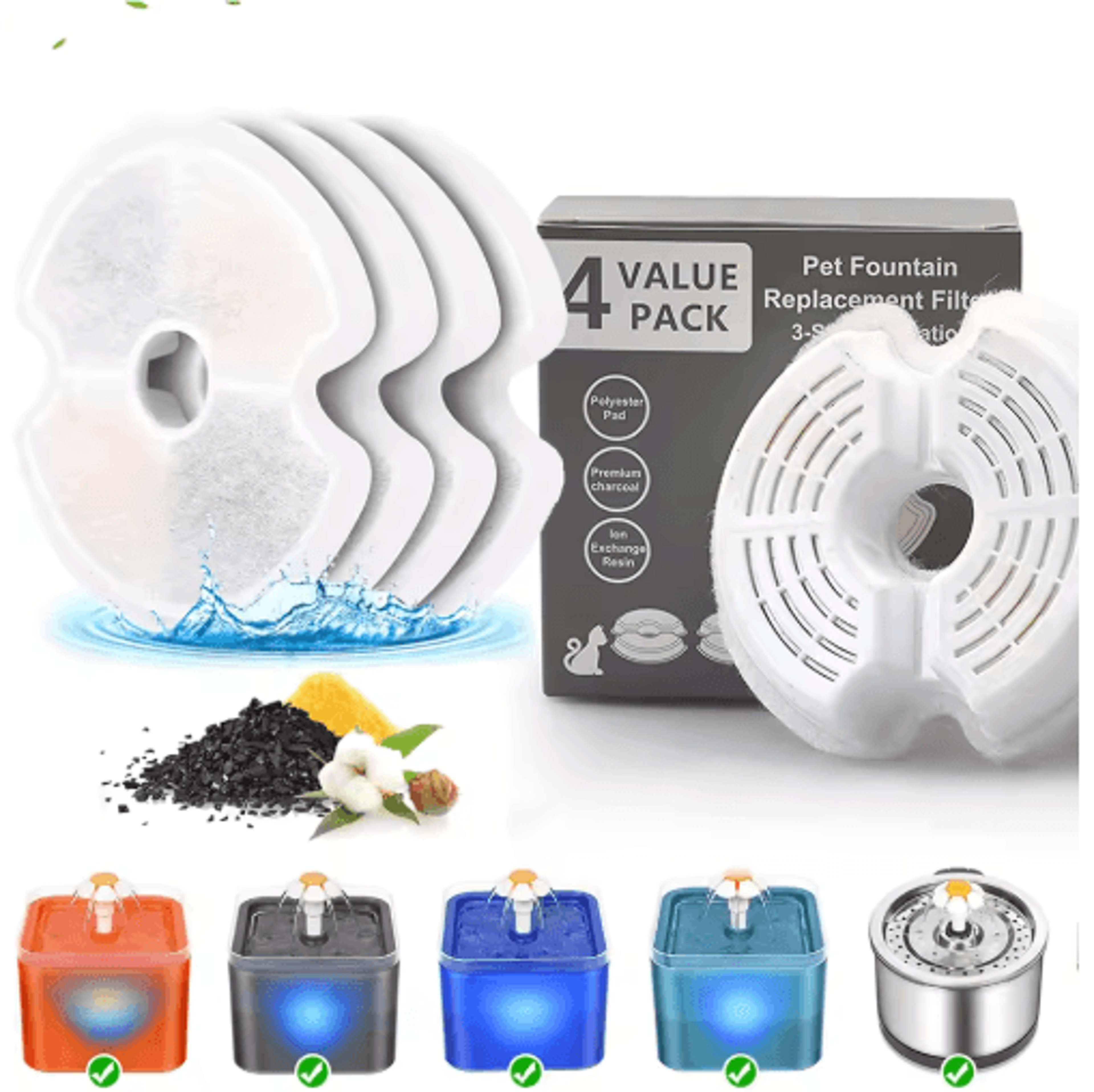 carbon replacement filters for stainless steel cat water fountain – 4 pack pet fountain filters