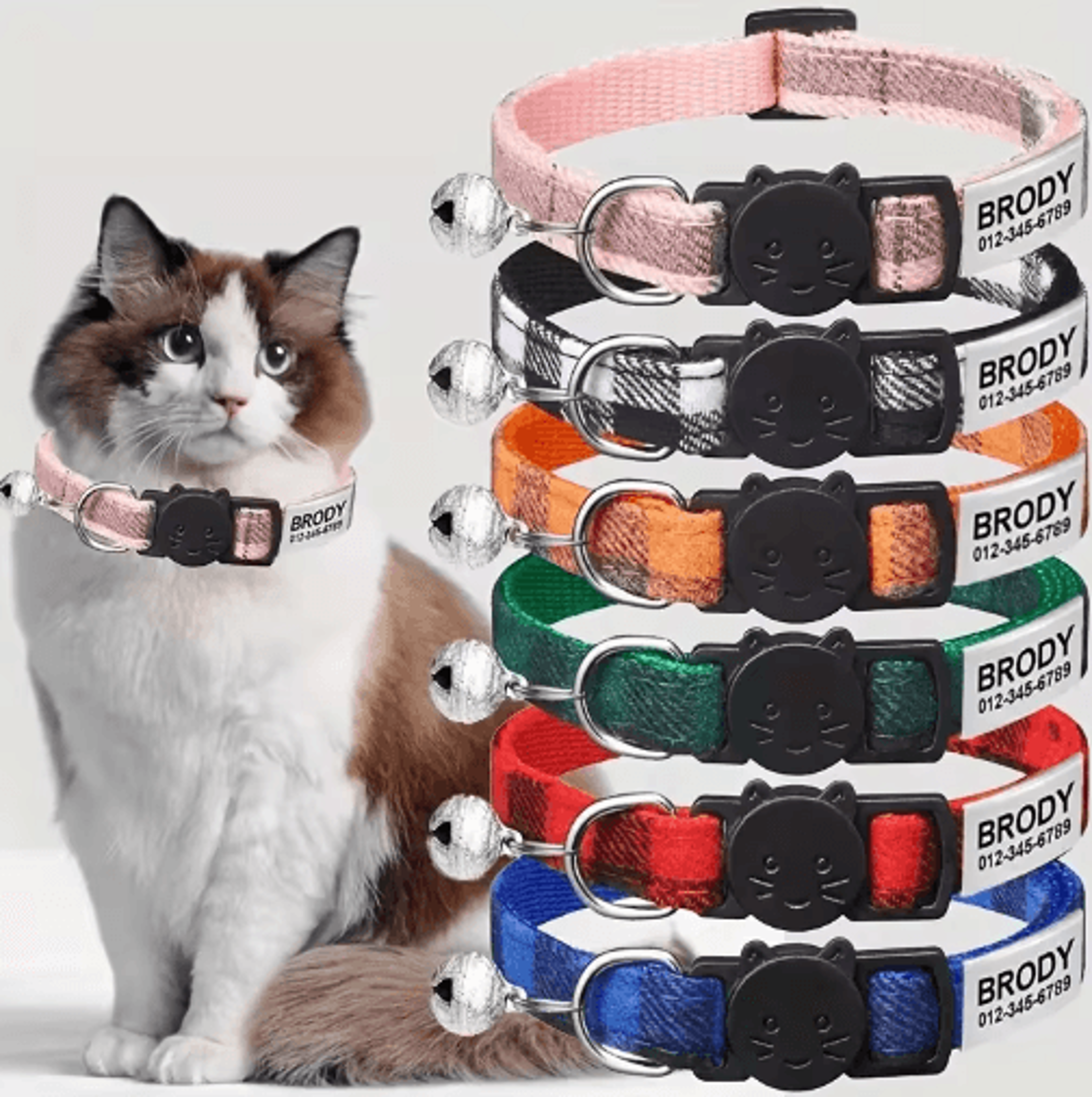 personalized plaid cat collar adjustable breakaway kitten collar with bell & id tag