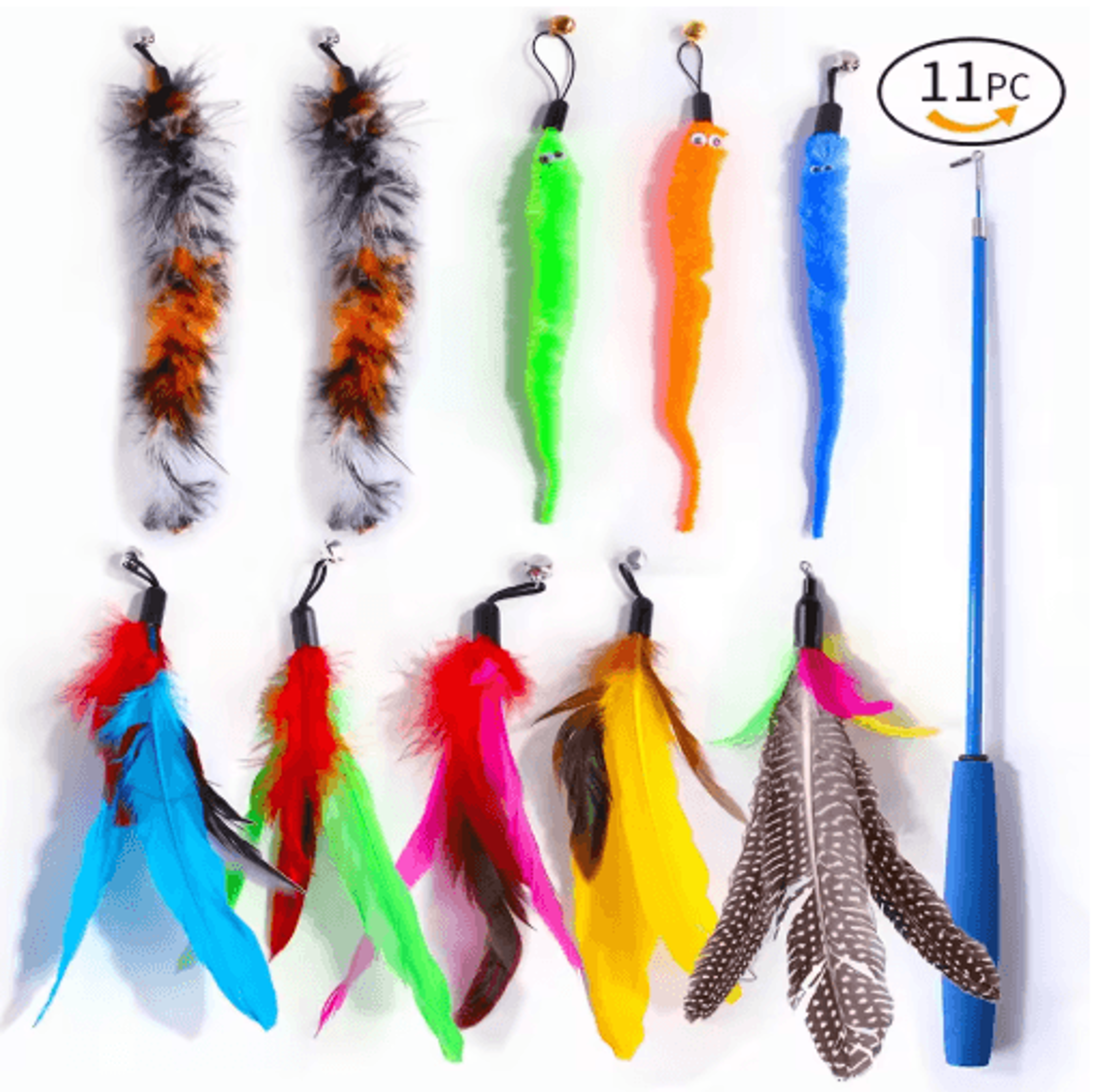 retractable cat wand toy set – feather teaser with caterpillar replacement heads