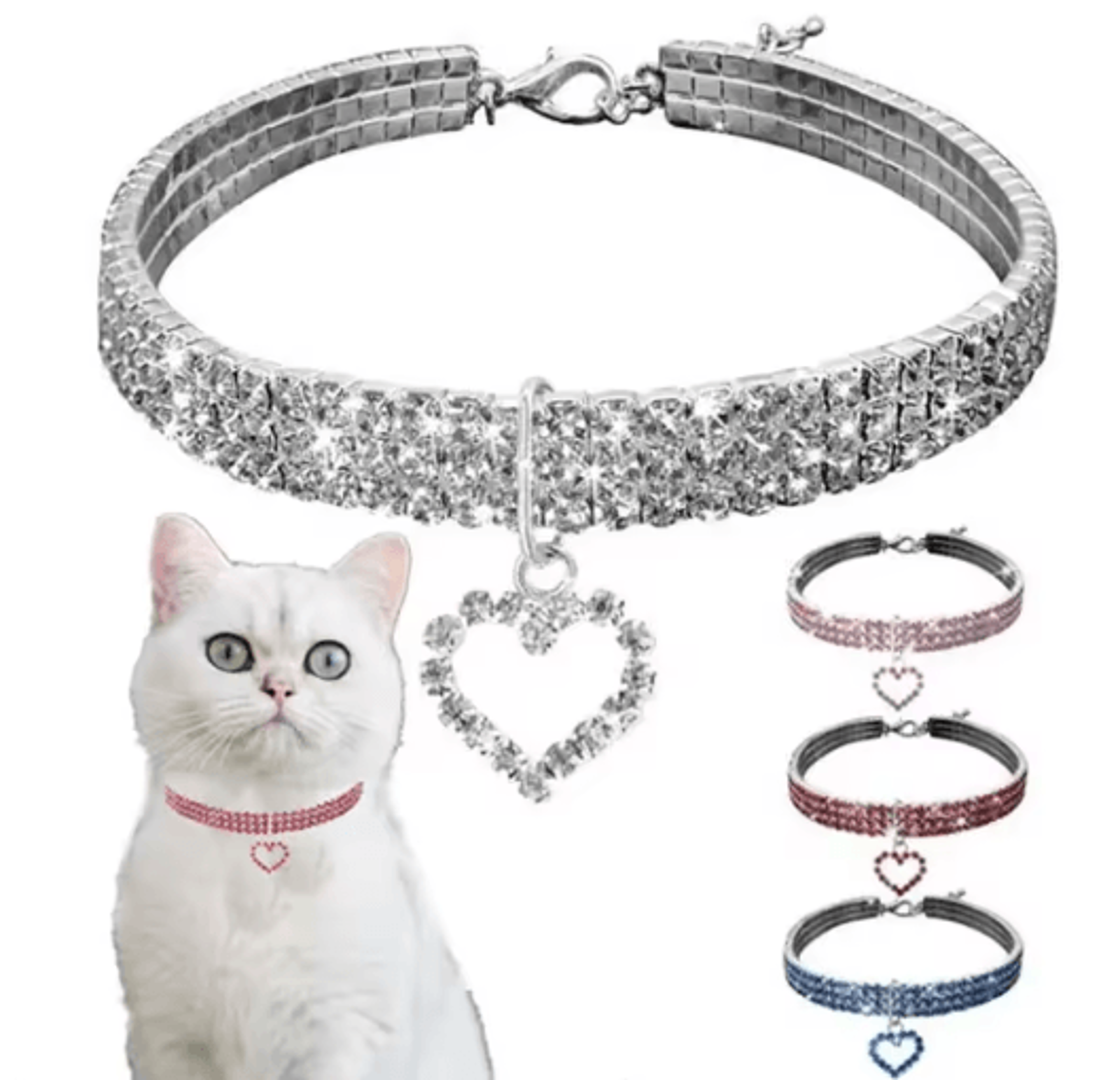 three-row rhinestone pet collar rhinestone pet collar for cats & dogs with elegant heart charm design