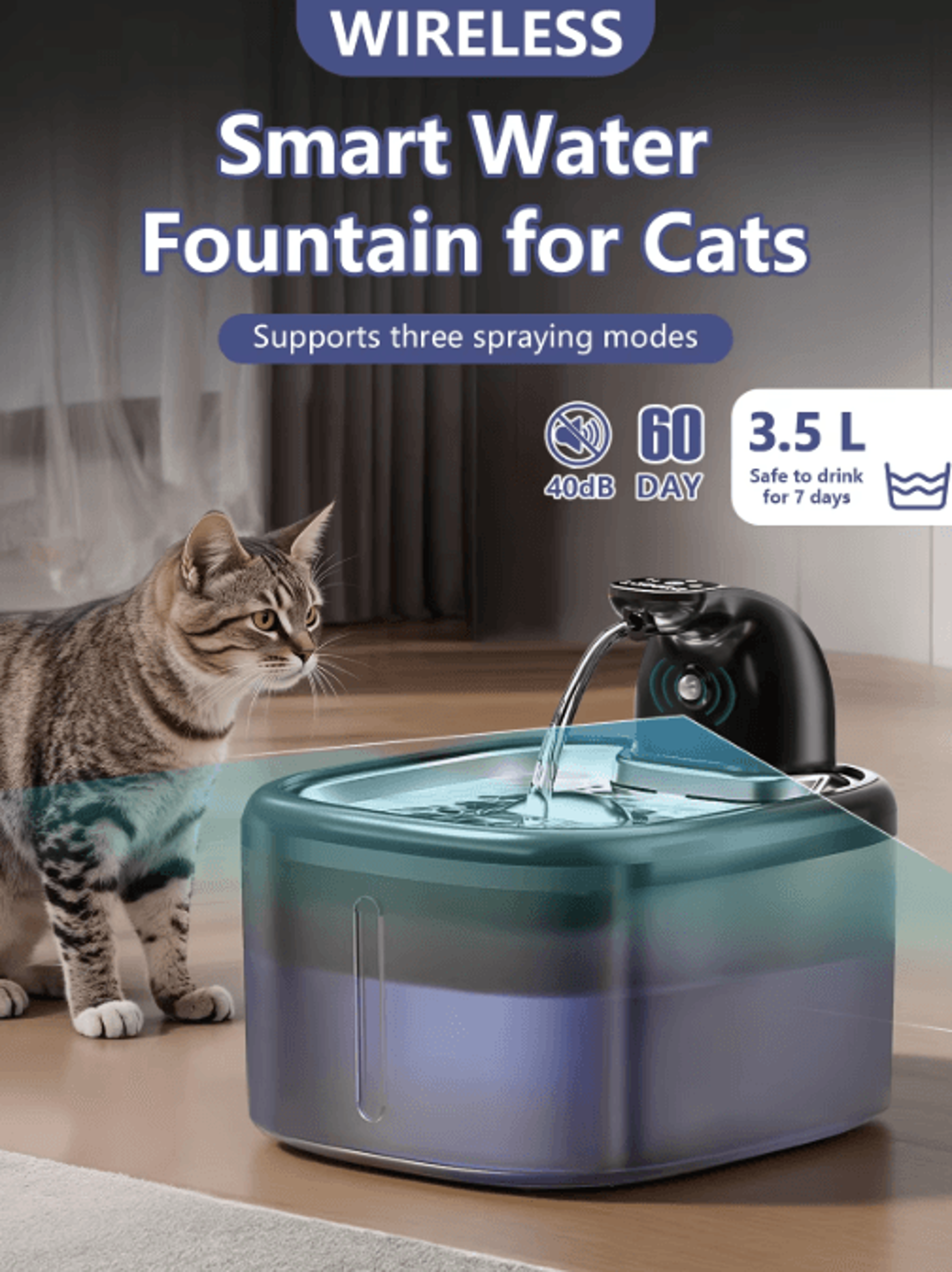 aquasense 3.5l wireless cat water fountain with motion sensor & stainless steel tray