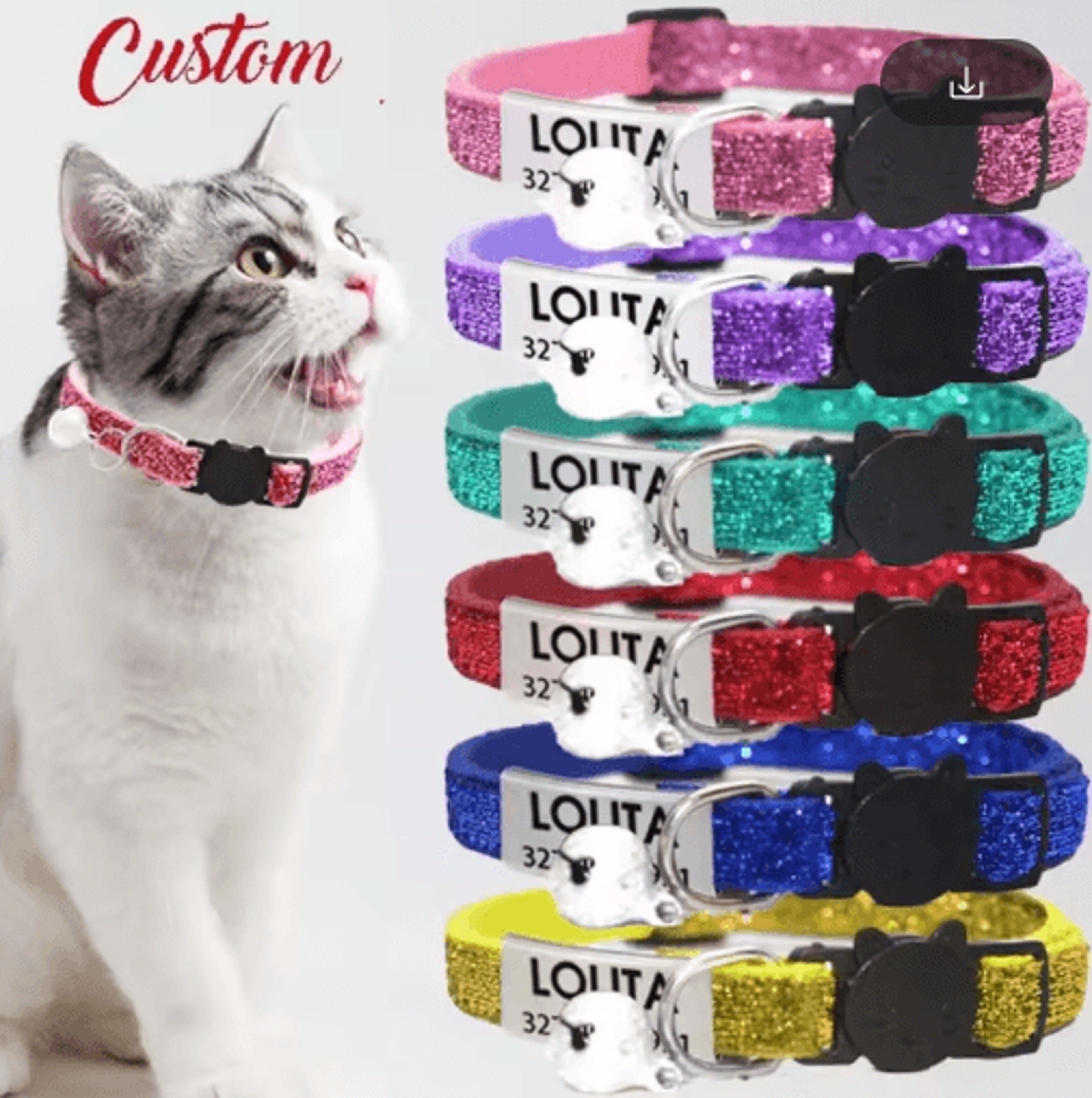 personalized glitter cat collar with engraved id tag and safe breakaway buckle