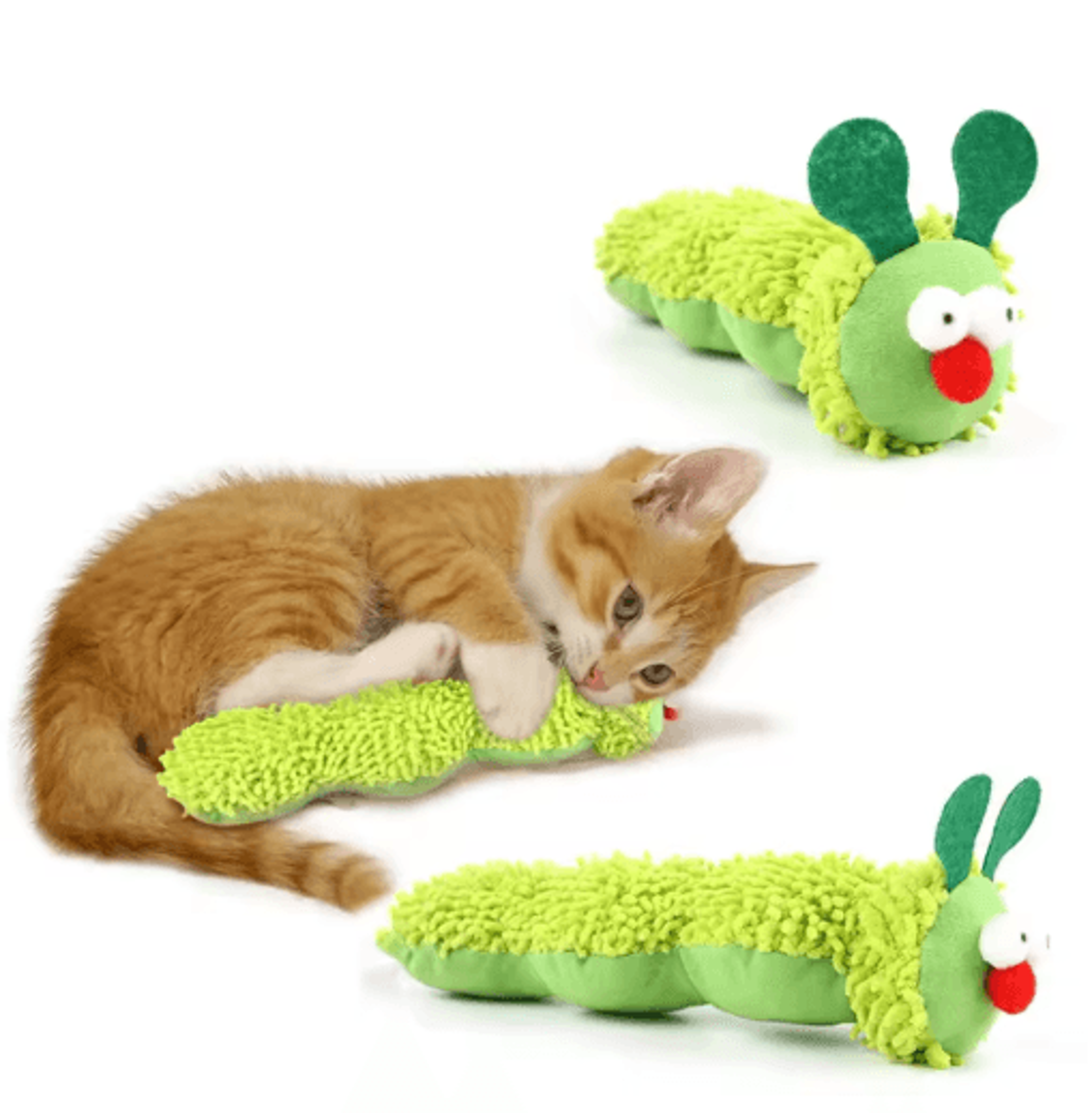 caterpillar catnip chew toy with silvervine for dental care and interactive play