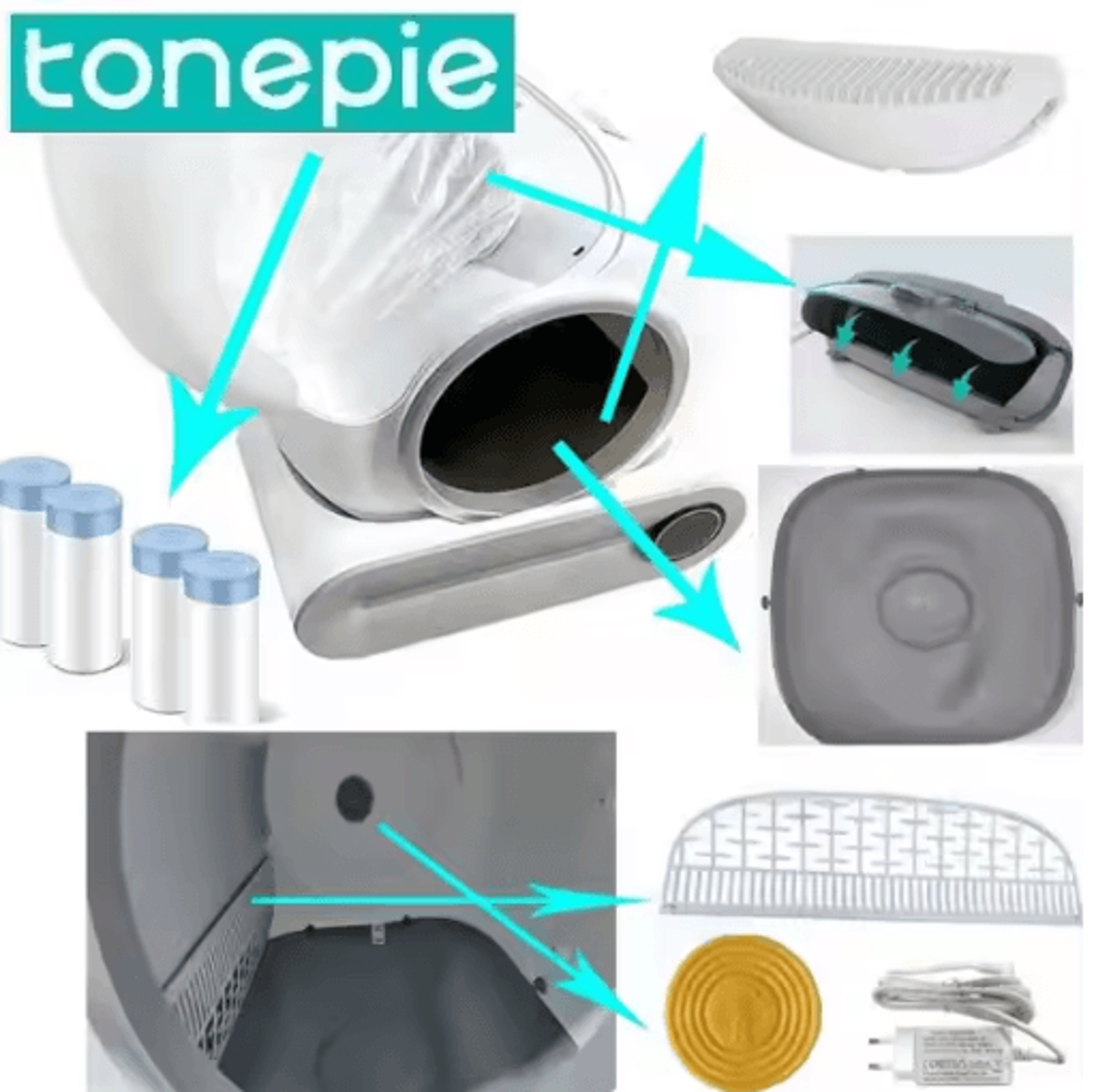 tonepie automatic cat litter box replacement accessories – filter, vent screen, trash bag & bin components