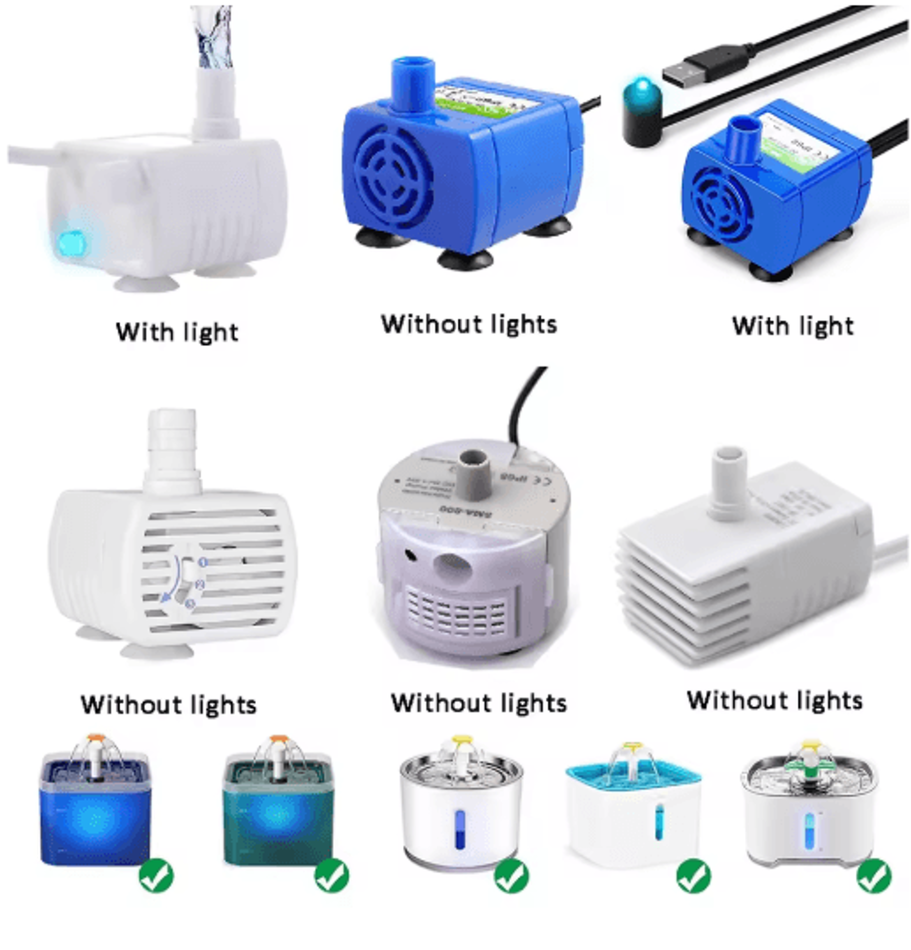 usb pet fountain water pump with led light – replacement motor for cat water dispensers
