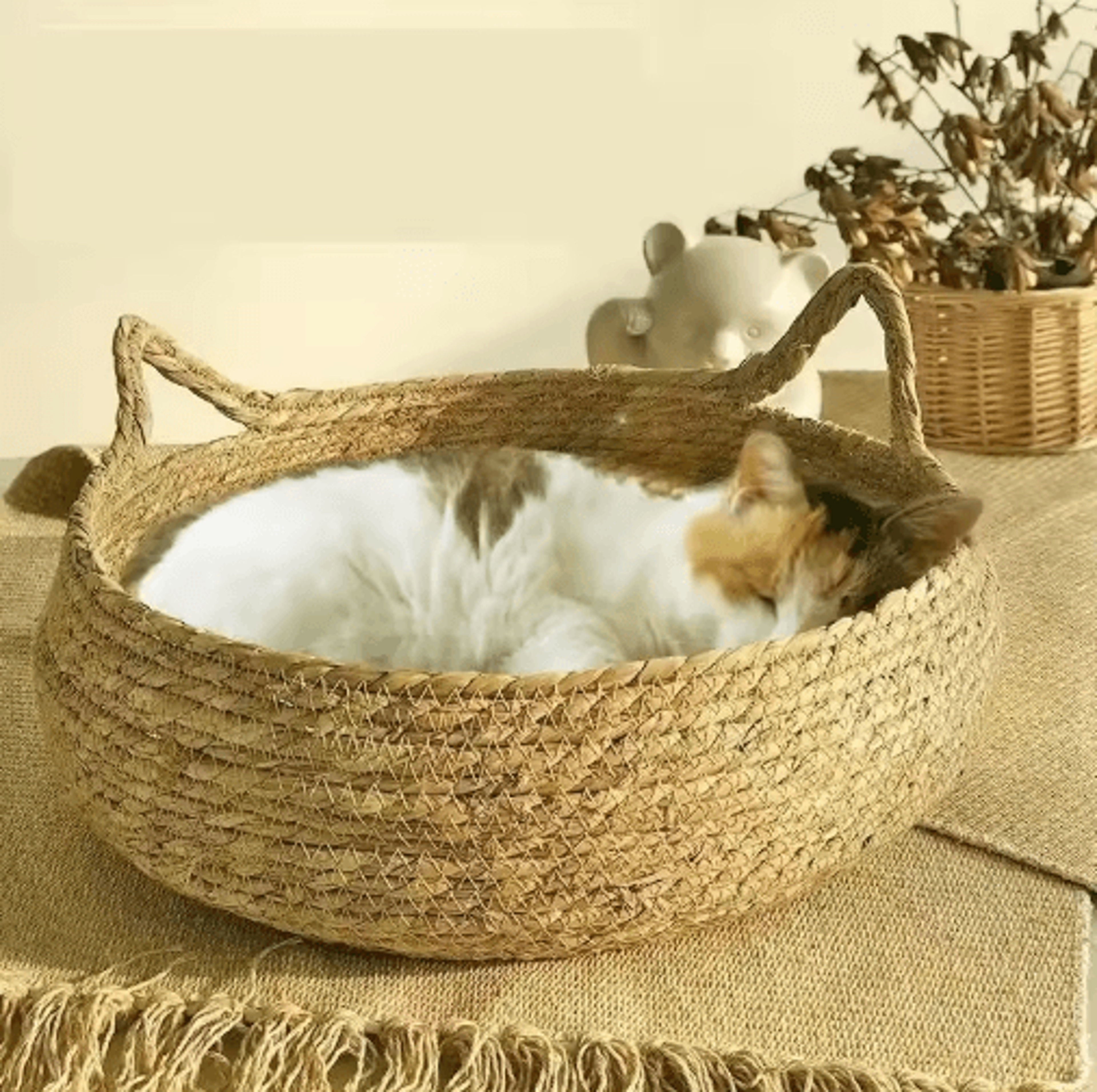 handwoven rattan cat bed – removable washable pet nest with all-season comfort pad