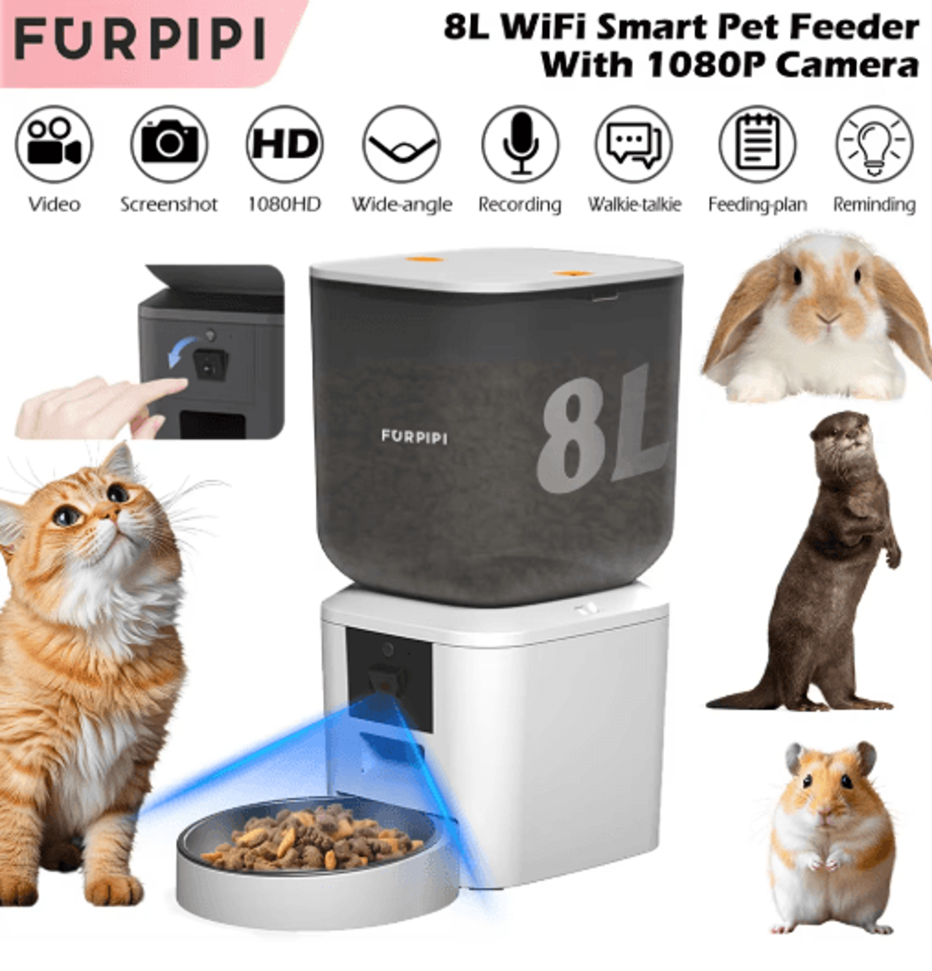 furpipi smart 8l automatic pet feeder with 1080p camera wifi app-controlled food dispenser for cats & dogs
