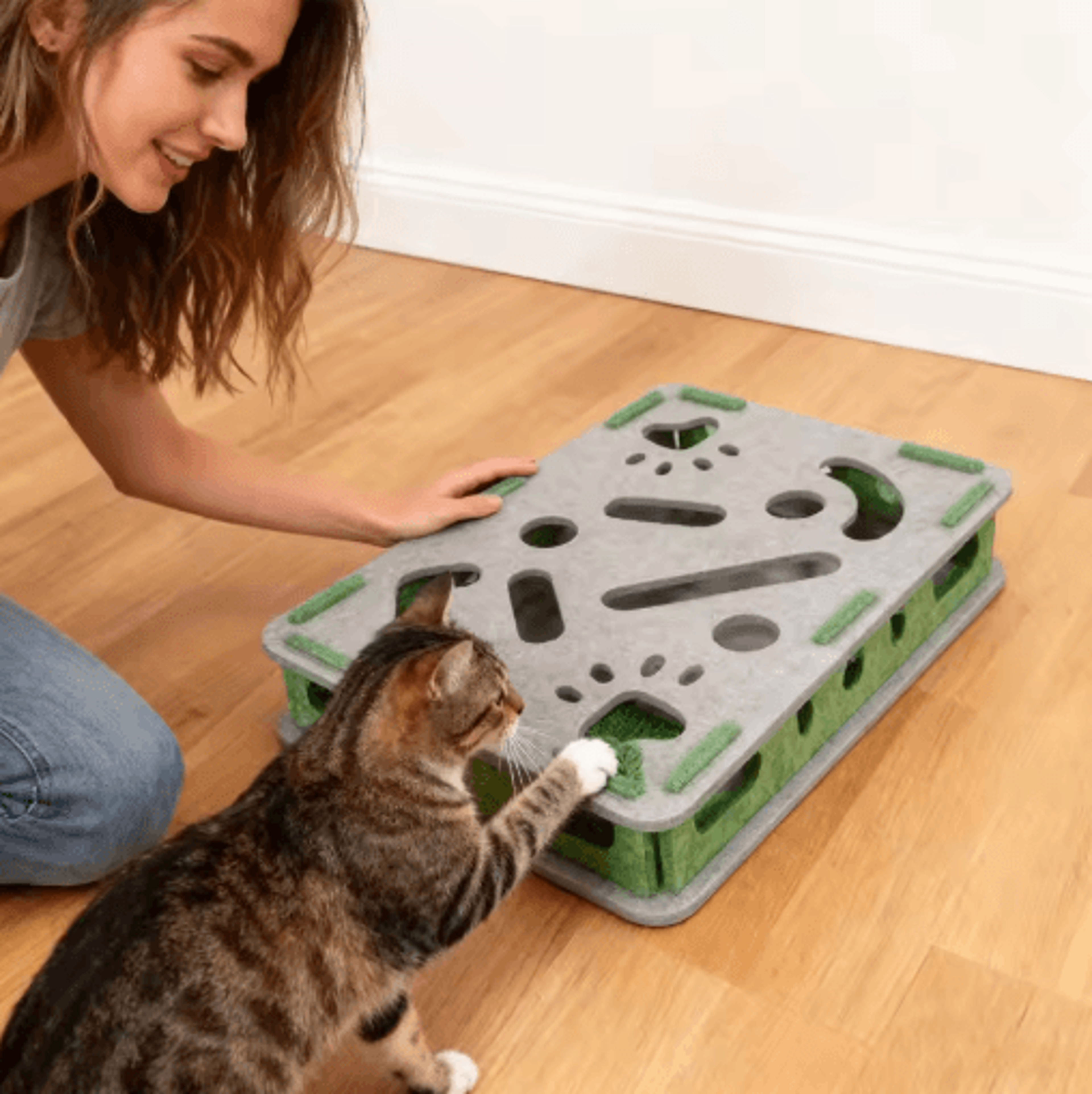 scratch play cat enrichment box interactive scratcher & nail file toy with bell balls for indoor cats