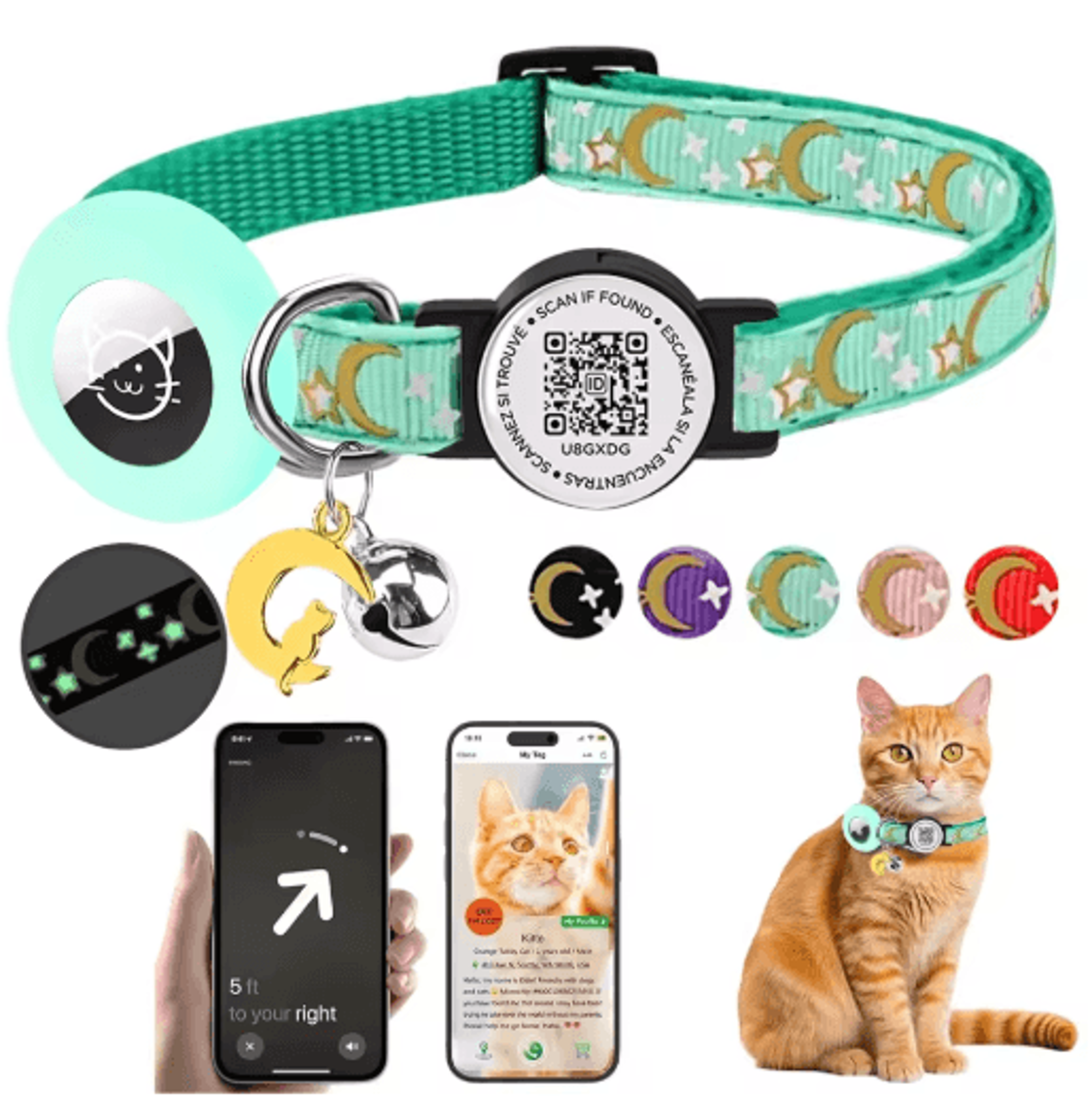 safe track airtag cat collar glow-in-the-dark pet collar with airtag holder, bell & qr id tag